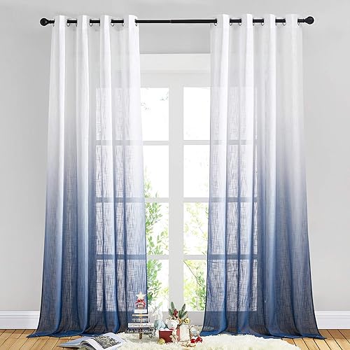 NICETOWN Ombre Sheer Curtains Navy Blue for Windows 95 inch Long, Grommet Top Semi Sheer Linen Curtains Home Decor with Light Filtering for Bedroom/Living Room, 2 Panels=100" W