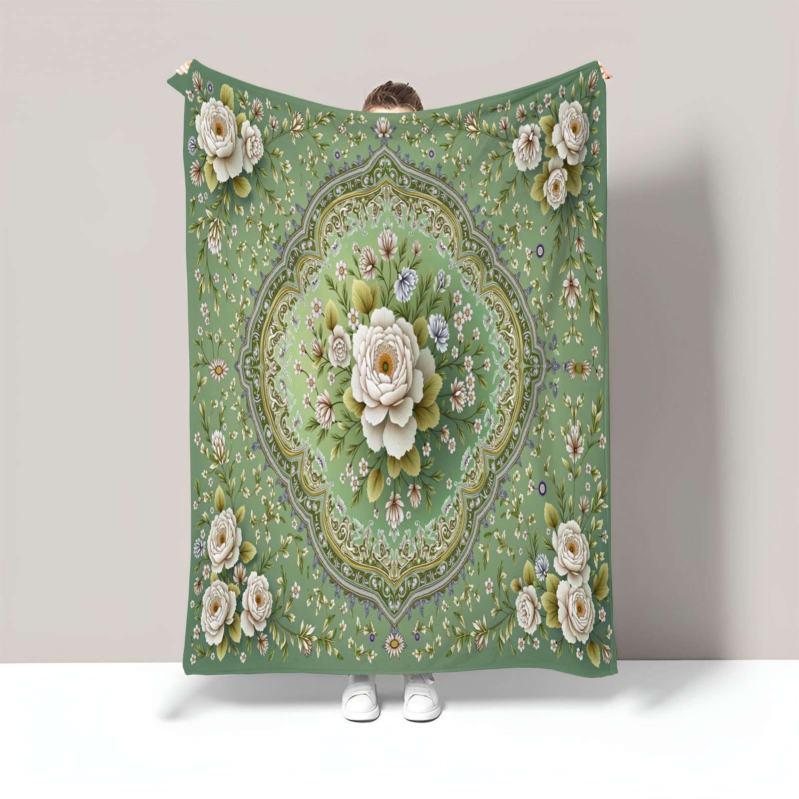 Versátil Manta De Peluche Verde Salvia 220X240Cm Manta Floral Geométrico Mantas Acogedora Botánicos Orientales Mullida Colchas Sofá Mantas De Franela Decorativa para Camas Infantiles Silla