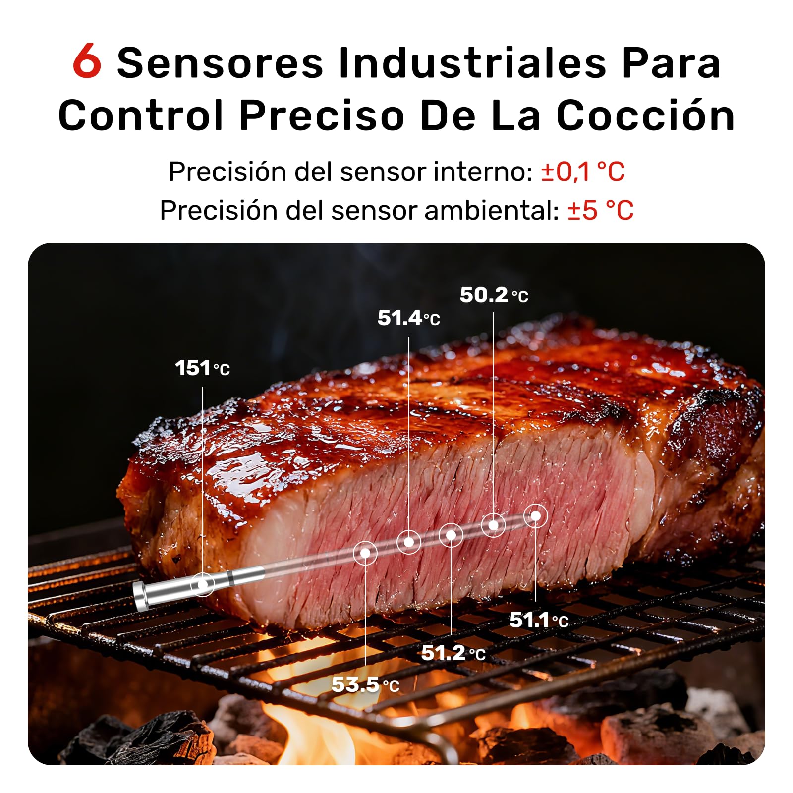 X Pro Termómetro para Carne con Bluetooth y WiFi, 2 Sondas 6 Sensores, Pantalla LED, IP69 Impermeable​, resistente al calor hasta 582°C, Termometro Carne para BBQ, Grill, Cocina, Asador