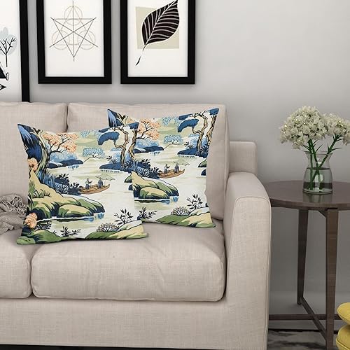 Miniatura 10 de Sweetshow Funda de almohada Chinoiserie para exteriores, 18 x 18 pulgadas, fundas de almohada florales color beige y verde, funda de almohada