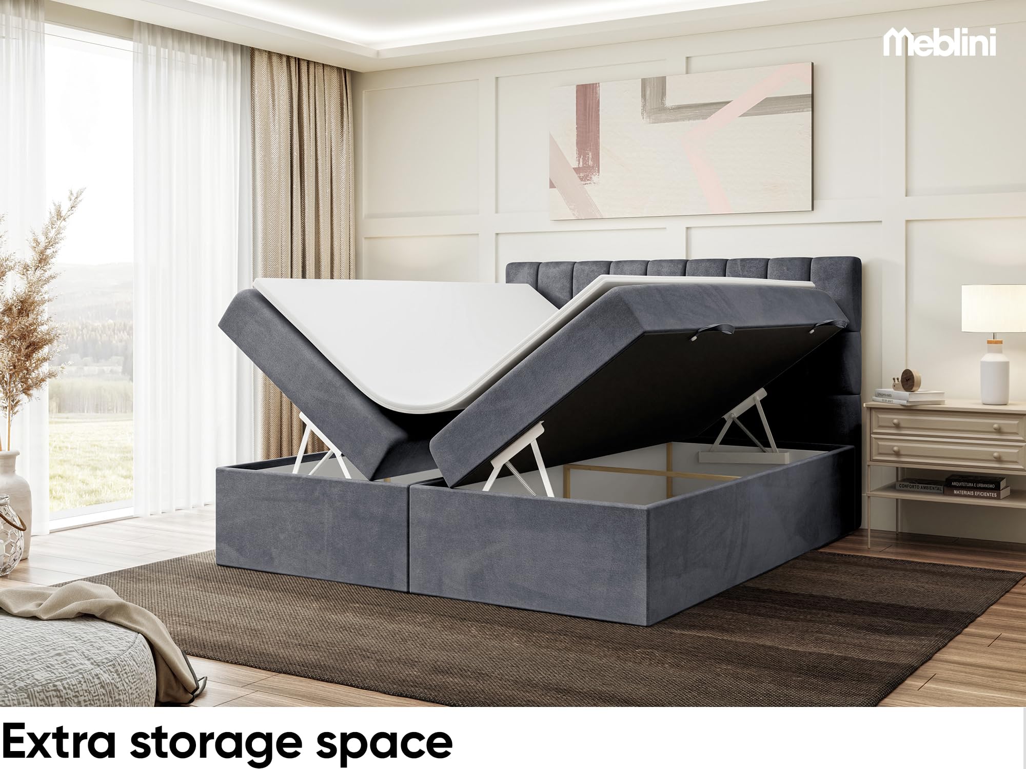 MEBLINI Boxspringbett mit Bettkasten - 200x200 - Gepolstert Doppelbett mit Matratze und Topper - Polsterbett mit Stauraum - Bett mit Kopfteil - Stauraumbett - Lukas - H3/Dunkelgrau Samt