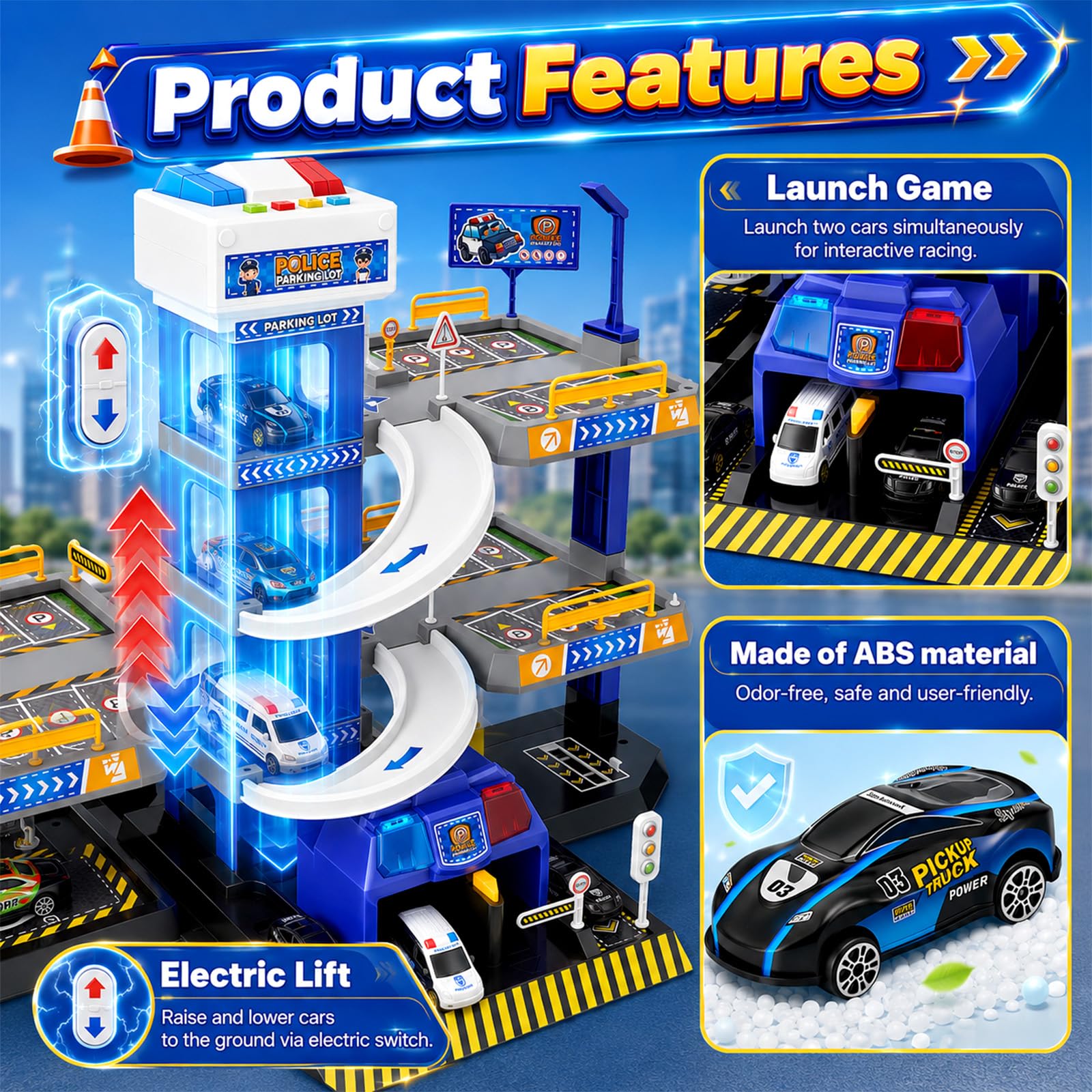 5 piani Garage per Bambini con Luci e Suoni, Parcheggio per Bambini con Ascensore, Giocattolo Garage Auto con Polizia, 14 Auto e 1 Elicotteri, Regali per Bambini 5-9 Anni, Blu