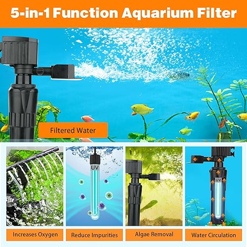 Miniatura 5 de hygger Filtro U-V para acuario para tanque de 10 a 40 galones, filtro sumergible de bomba de 12 W para agua verde y limpieza de algas, filtro
