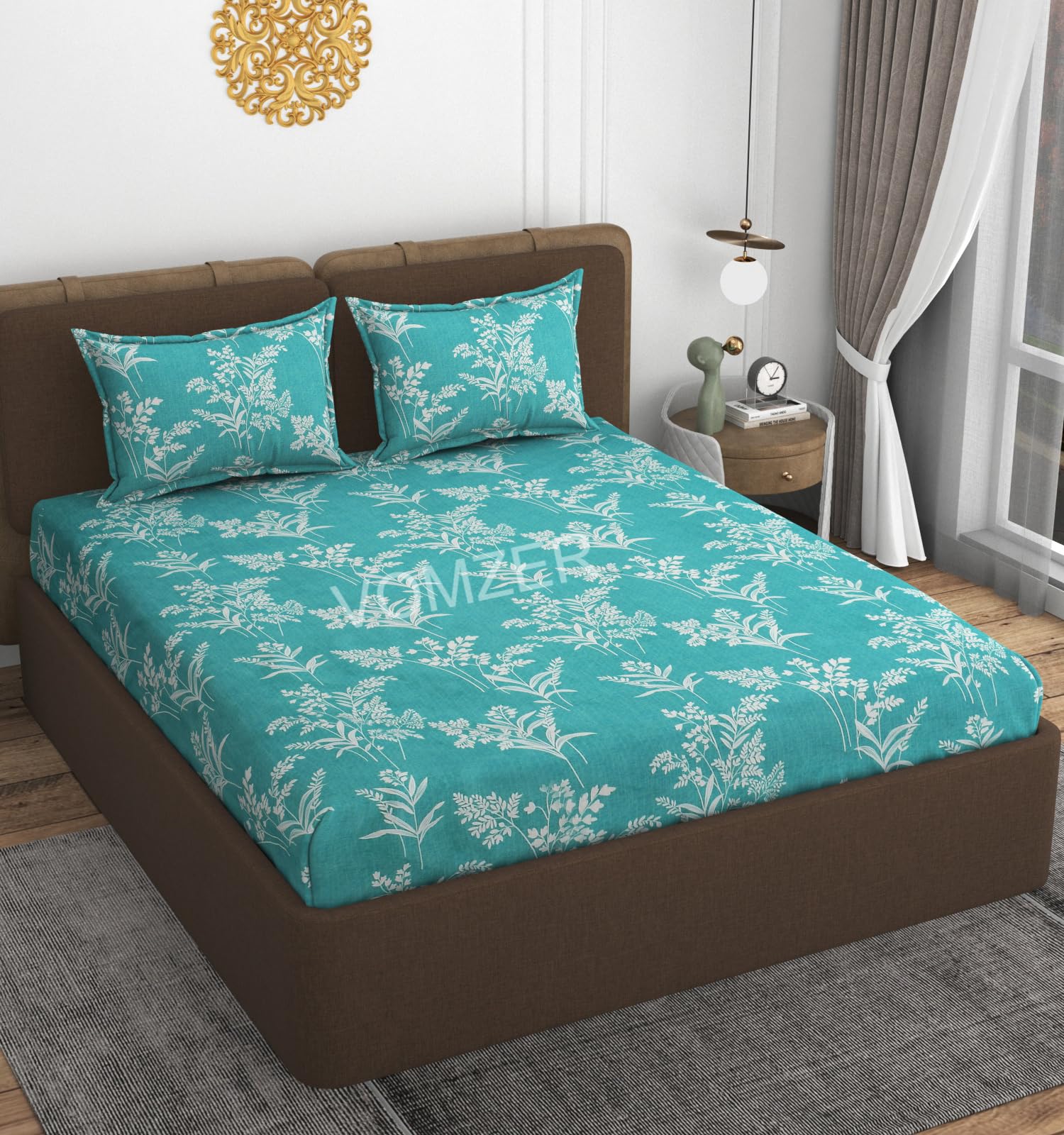 VOMZER 300 Tc Geometric Elastic Fitted Bedsheets Queen Size With 2 Pillow Covers | Double Bed With All Around Elastic, Size 60 X 78 X 10 Inches (Aqua Lily)