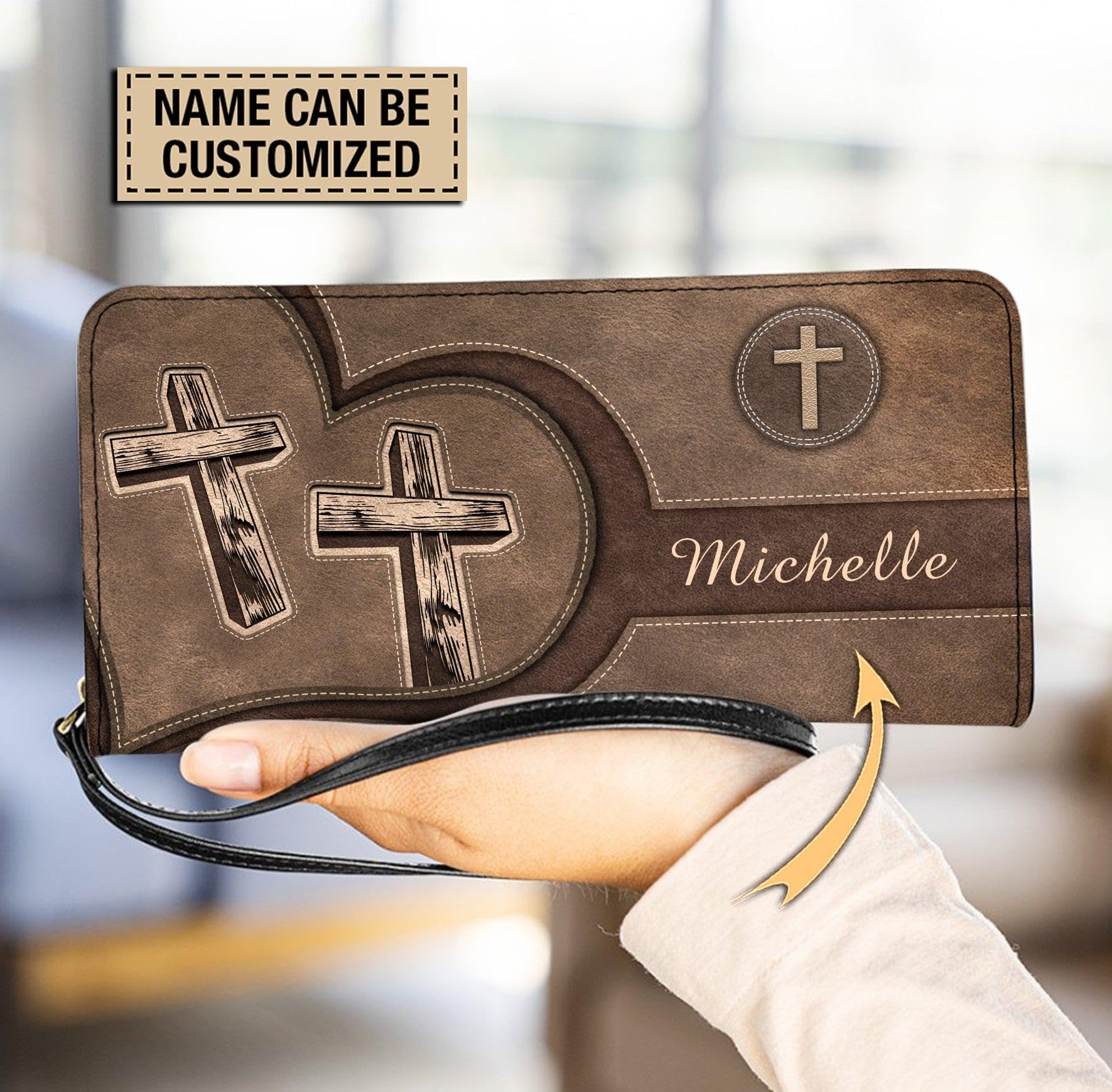 Personalized Christian Cross Women Leather Wallet, Vintage Christ God RFID Blocking Clucth Wristlet, Cute Custom Name Gift for Girls (Christian Cross), Brown