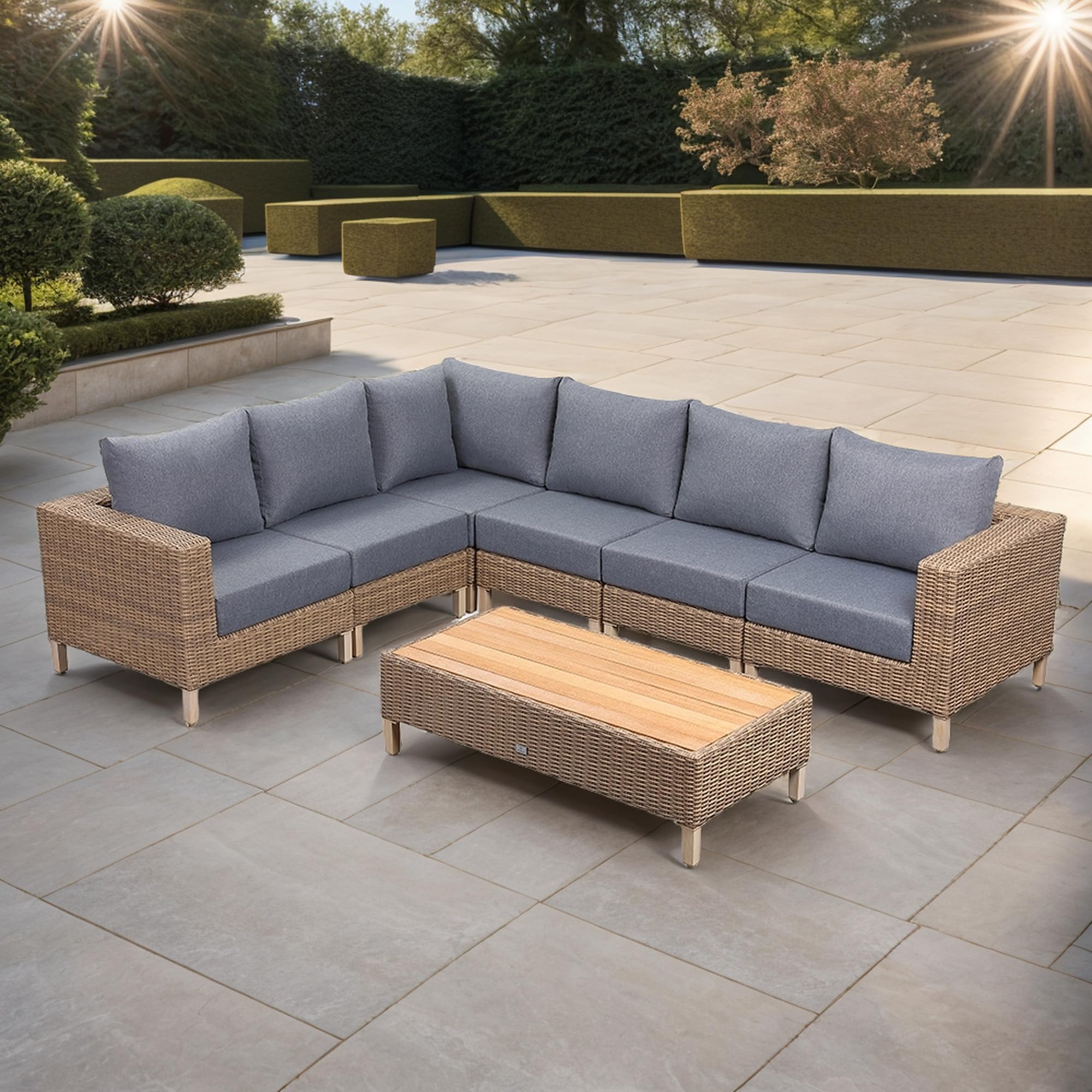 Rattan parkLawrence Range Rattan Garden Furniture large Corner Sofa Set in  Round Brown Rattan with Cushions and Teak Wood Table Top - Main Image