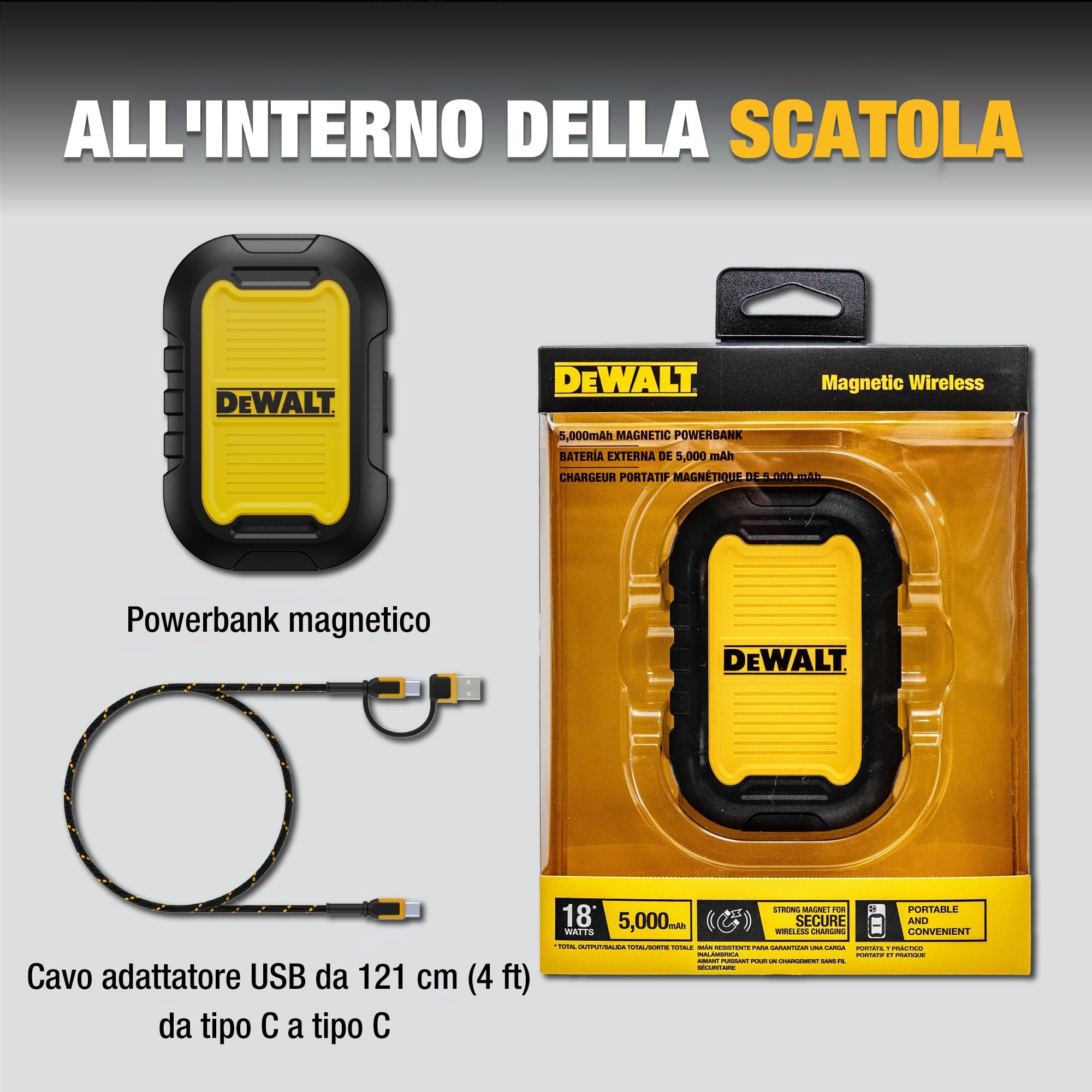 DEWALT Power Bank Magnetico 5000 mAh, Caricabatterie Portatile Wireless 18 W con USB-C, Compatibile MagSafe, IP55 Impermeabile, Ricarica Rapida per iPhone 15/14/13/12