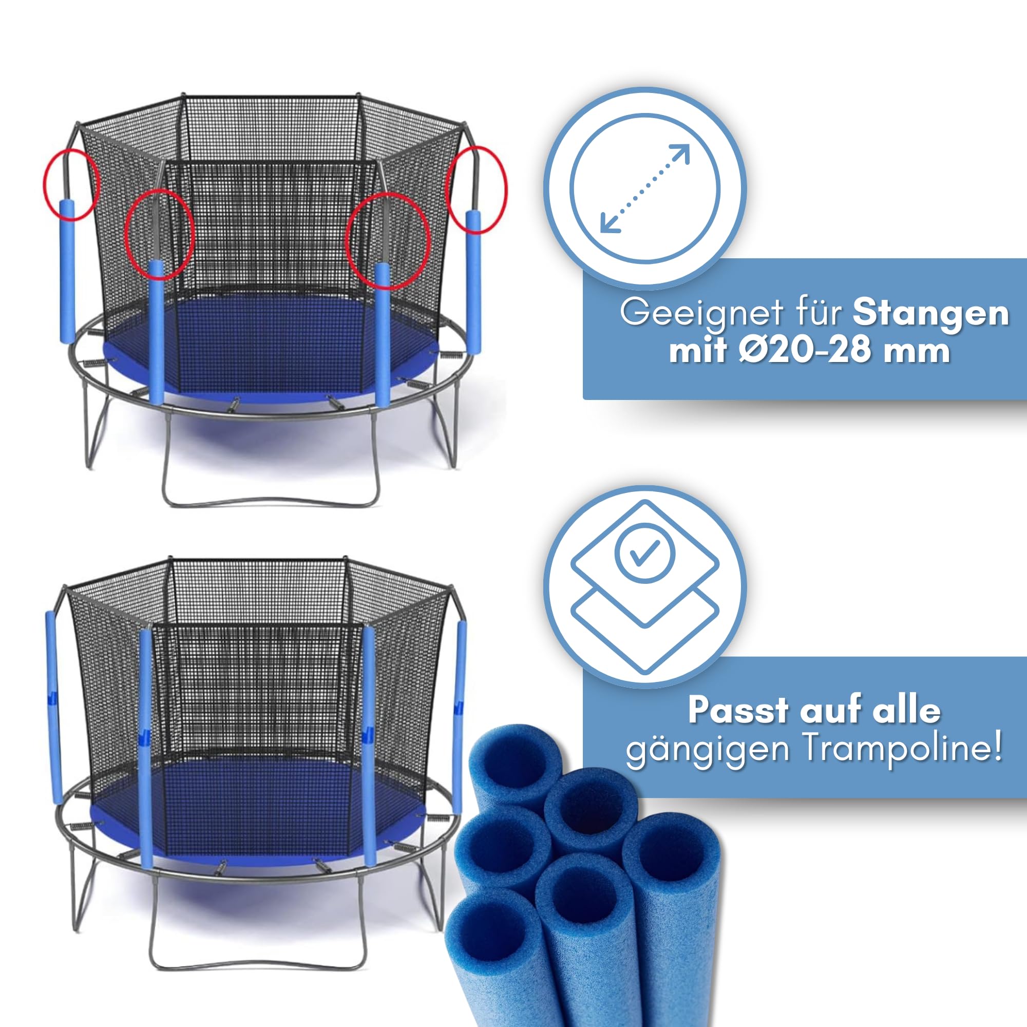 16x Trampolin Schaumstoff Rohre Polster 92cm - Stangenschutz für 8 Stangen Sicherheitsnetz inkl. Kappen – Wetterfest & Stoßdämpfend - Made in EU