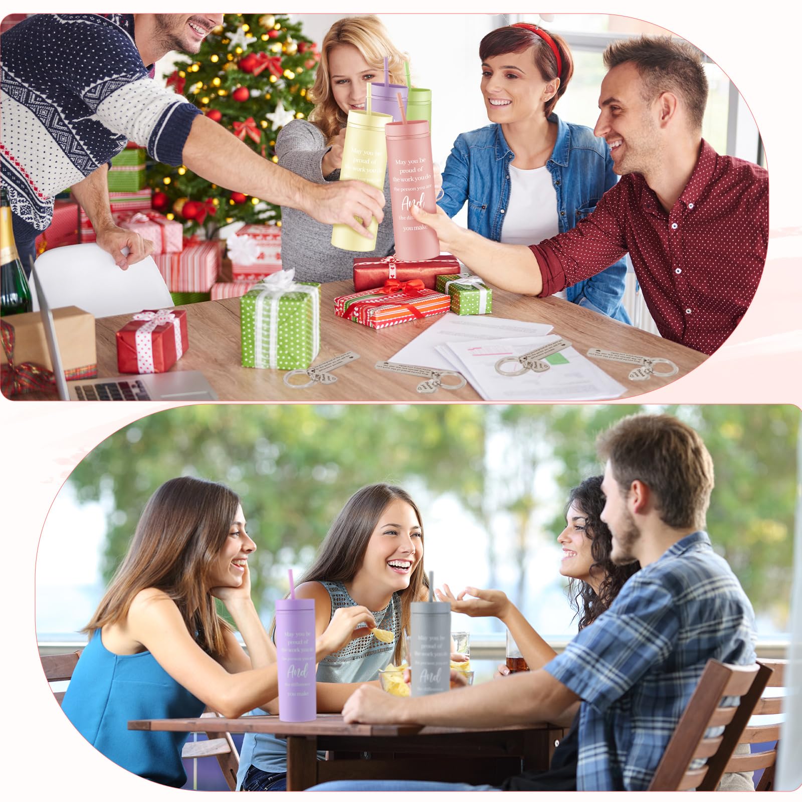 Mumufy 20 Pcs Thank You Gifts Set 16oz Skinny Tumbler with Lid and Straw Inspirational Keychains, Appreciation Gifts with Motivational Quotes for Employees Teachers Coworkers (Bright Color)