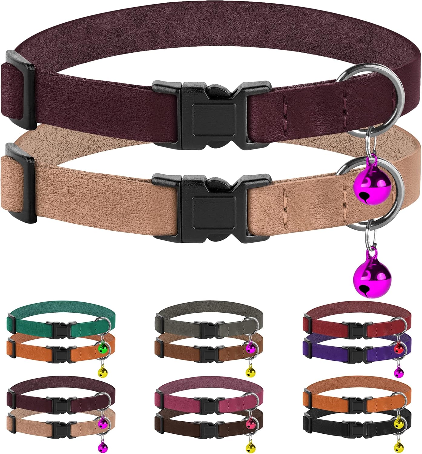 Pet Supplies Murom Breakaway Cat Collar with Bell 2PCS Set Adjustable Leather Pet Collars for