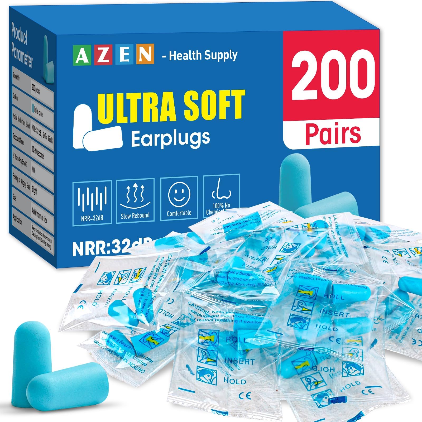 AZEN 200 pares de tapones para los oídos, tapones para los oídos de espuma suave NRR de 32 dB para dormir, cancelación de ruido, tapones para los oídos para conciertos, disparo, reducción de ruido