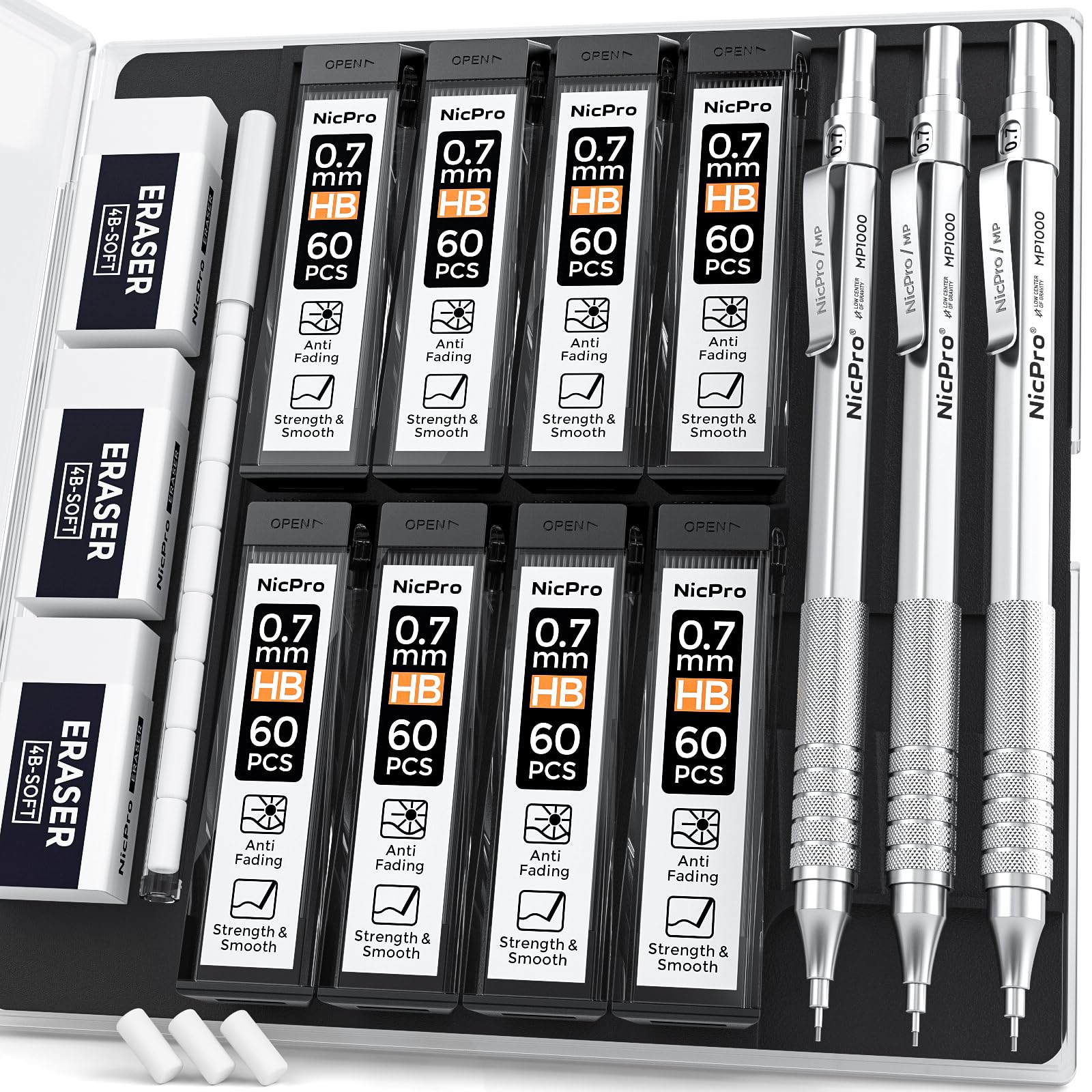 0.7 Metal Mechanical Pencil Set with Case, 3PCS MP1000 0.7mm Artist Lead Pencil With 8 Tube HB Refills, 3 Erasers, 9 Eraser Refill For Architect Art Drafting Drawing Engineering, Sketching