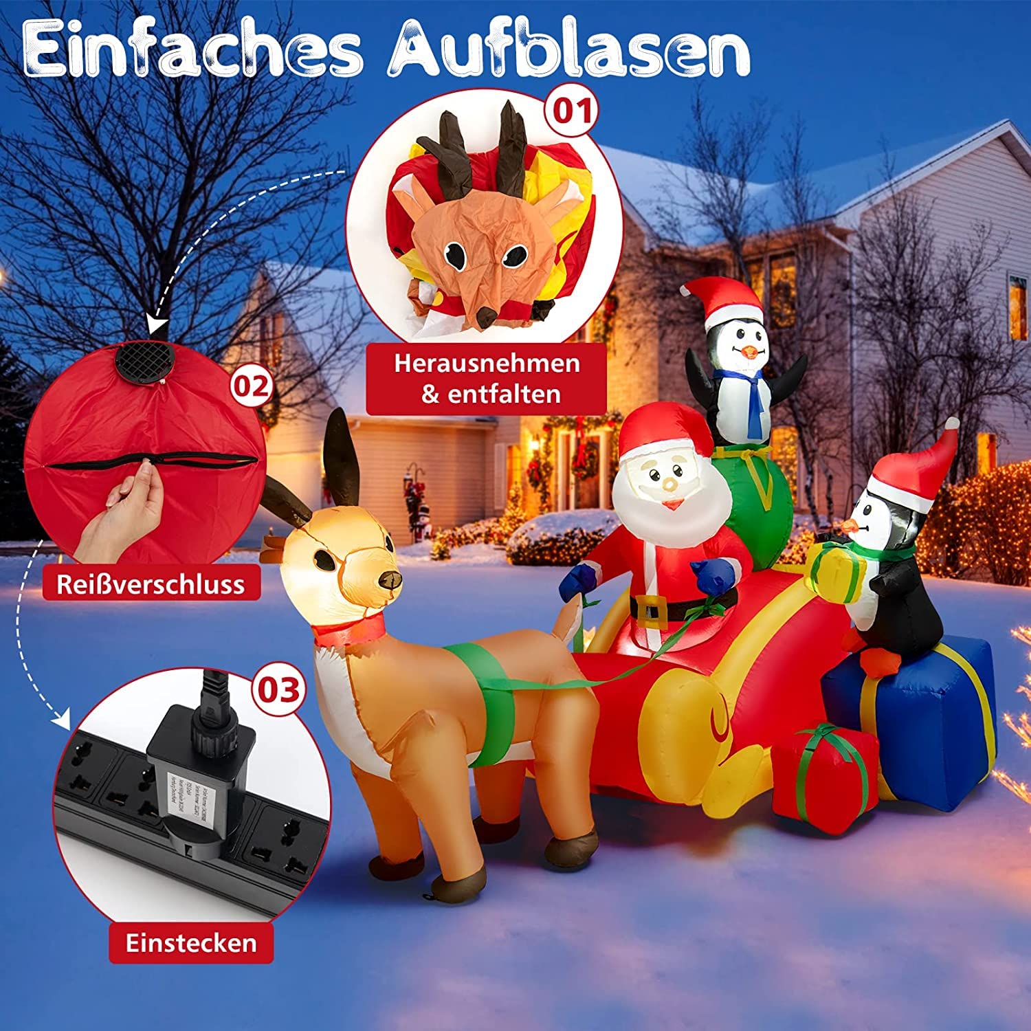 COSTWAY Aufblasbarer Weihnachtsmann mit Schlitten, LED Weihnachtsdekoration mit 2 Pinguinen, Geschenkboxen, Winterdekoration Weihnachtsbeleuchtung für Hof, Rasen, Garten, Party, Selbstaufblasend
