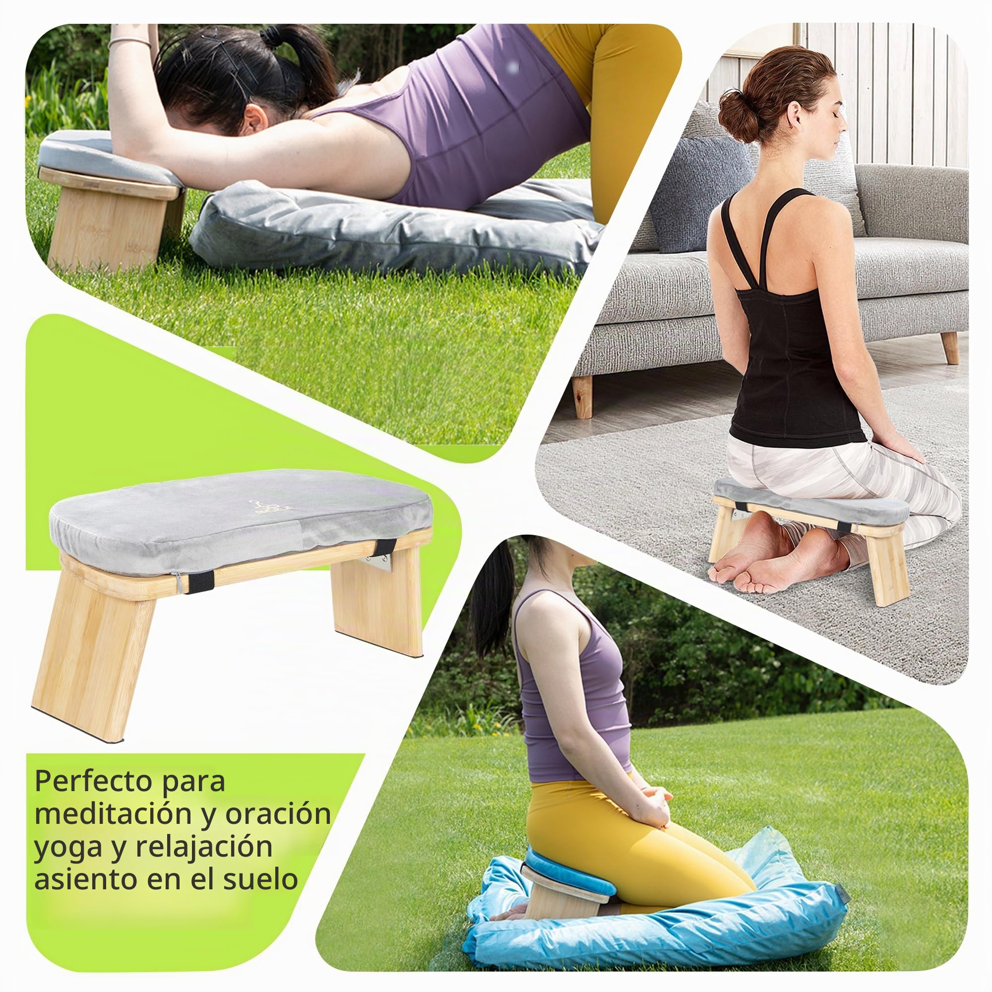 Taburete meditación bambú con cojín, con Bolsa para,Gris | Esposo de yoga de bambú ergonómico, para rodillas y oración