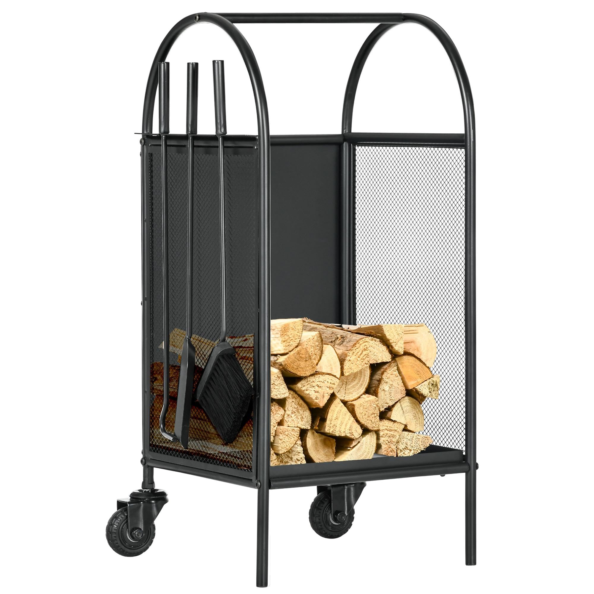 Outsunny Chariot à Bois de Chauffage avec Roues 37,5 x 37,5 x 80 cm Noir