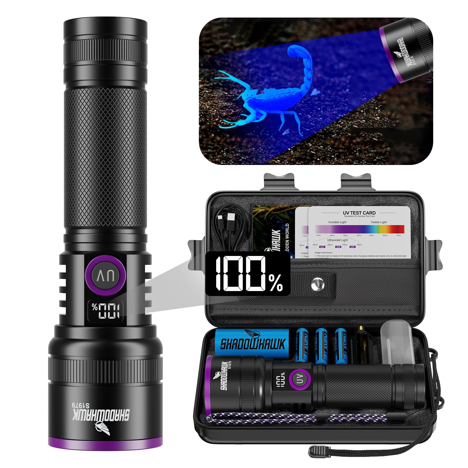 Shadowhawk 365nm UV Taschenlampe Mit Filterlinse - 30W Schwarzlicht 4-Kern Aufladbar UV Lampe, UV Licht Flashlight Für Bernstein/Tierurin-Test/Resin Härten/Scorpions/Geldscheinprüfung, Mit LCD-Display