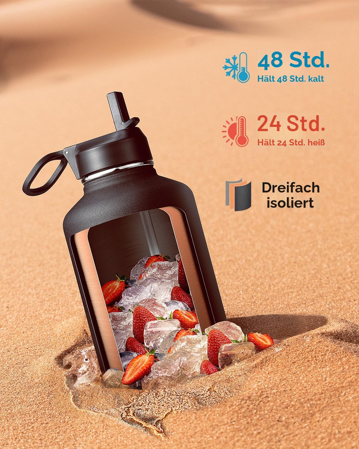 Coolflask Wasserflasche, isoliert, mit Strohhalm und 3 Deckeln, 1,8 l Fassungsvermögen, große Metall-Edelstahl-Wasserkrug, große halbe Gallonen, breite Öffnung, für Sport, Fitnessstudio oder Büro