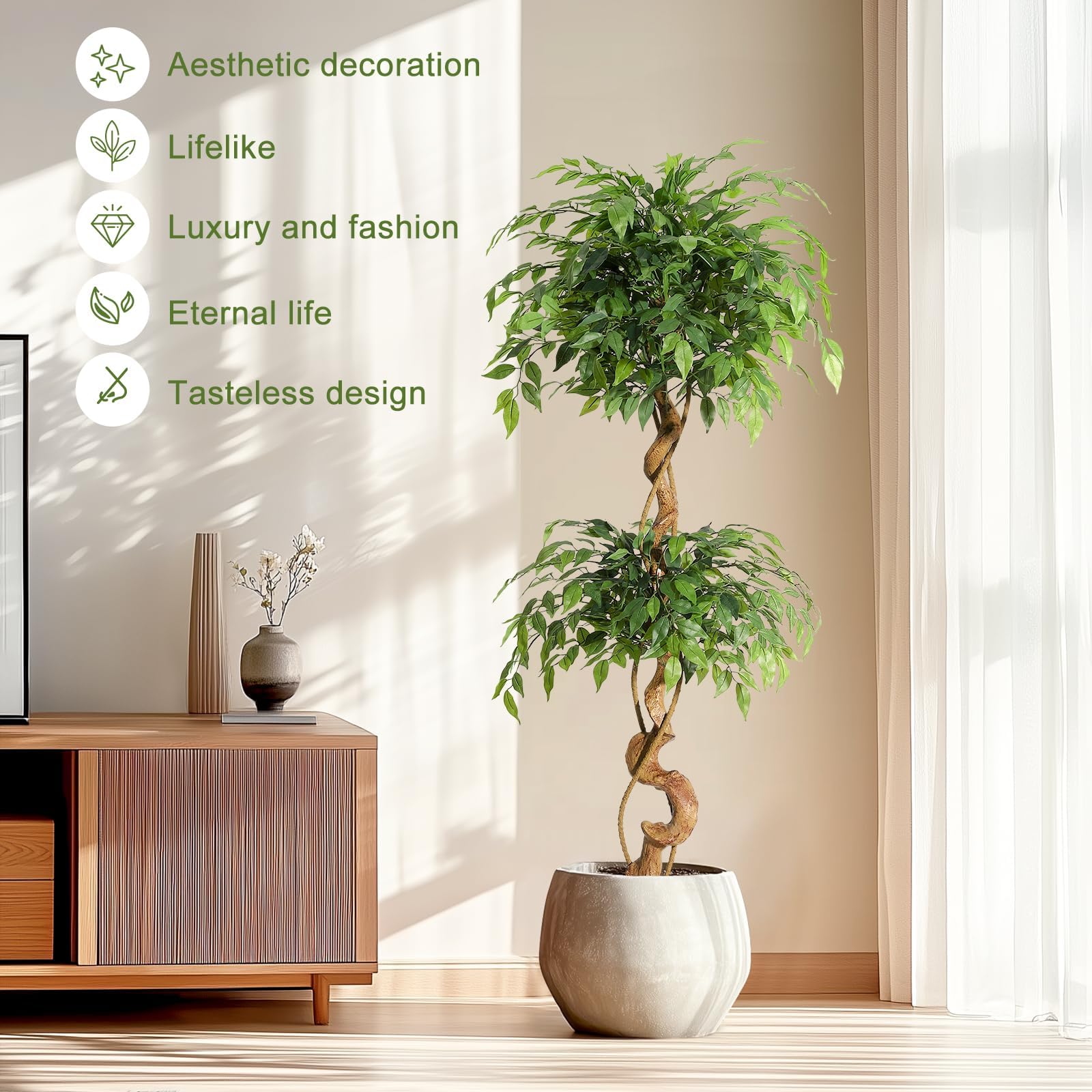 Ficus Artificiel 150 cm, Arbre Artificiel Intérieur Grande Plante Faux | Troncs Torsadés Naturels et Artistiques, Feuilles en Soie Haut de Gamme, Pot Blanc Inclus pour Décoration Maison Salon Bureau