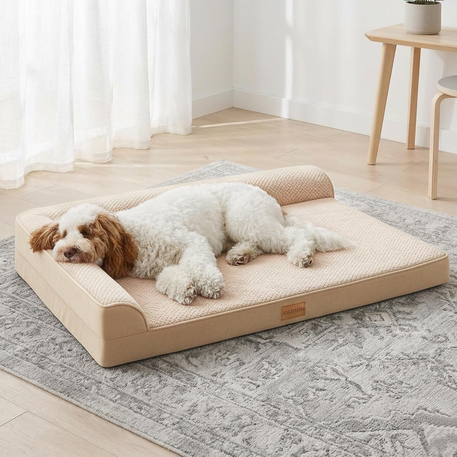 Orthopedic XL Dog Bed Large Sized Dog 48''X30'', Waterproof L Bolster Extra Large Egg Crate Foam Pet Crate Beds with Washable Removable Cover, Non-Slip Soft Pet Couch Mat, Ivory
