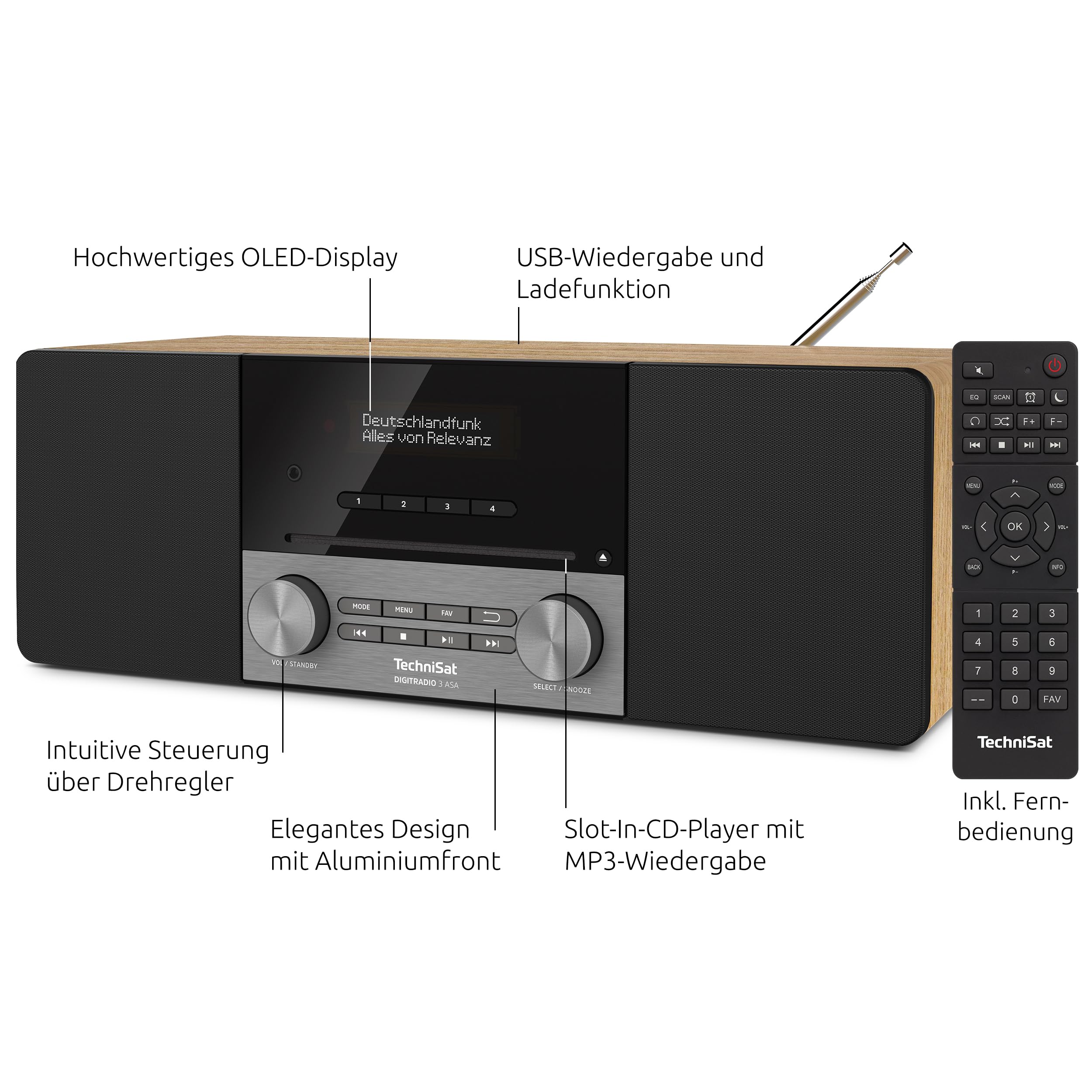 TechniSat DIGITRADIO 3 ASA – Stereo DAB+ Kompaktanlage mit Automatic Safety Alert (UKW, CD‑Player mit Resume, Bluetooth, USB, AUX-In, Kopfhöreranschluss, OLED‑Display, Radiowecker, 20  W RMS) Eiche