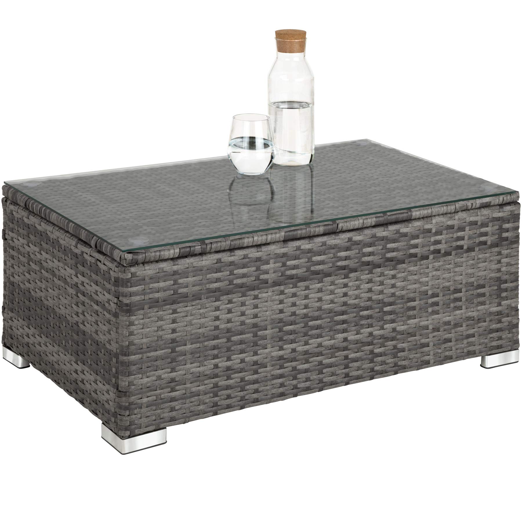 tectake® Conjunto Jardín de Ratán, Muebles Jardín Exterior 5 Sillones, 1 Mesa con Cristal, 1 Caja Almacenamiento, Conjunto Terraza Resistente a la Intemperie, con Cojines, Estructura en Acero - Gris