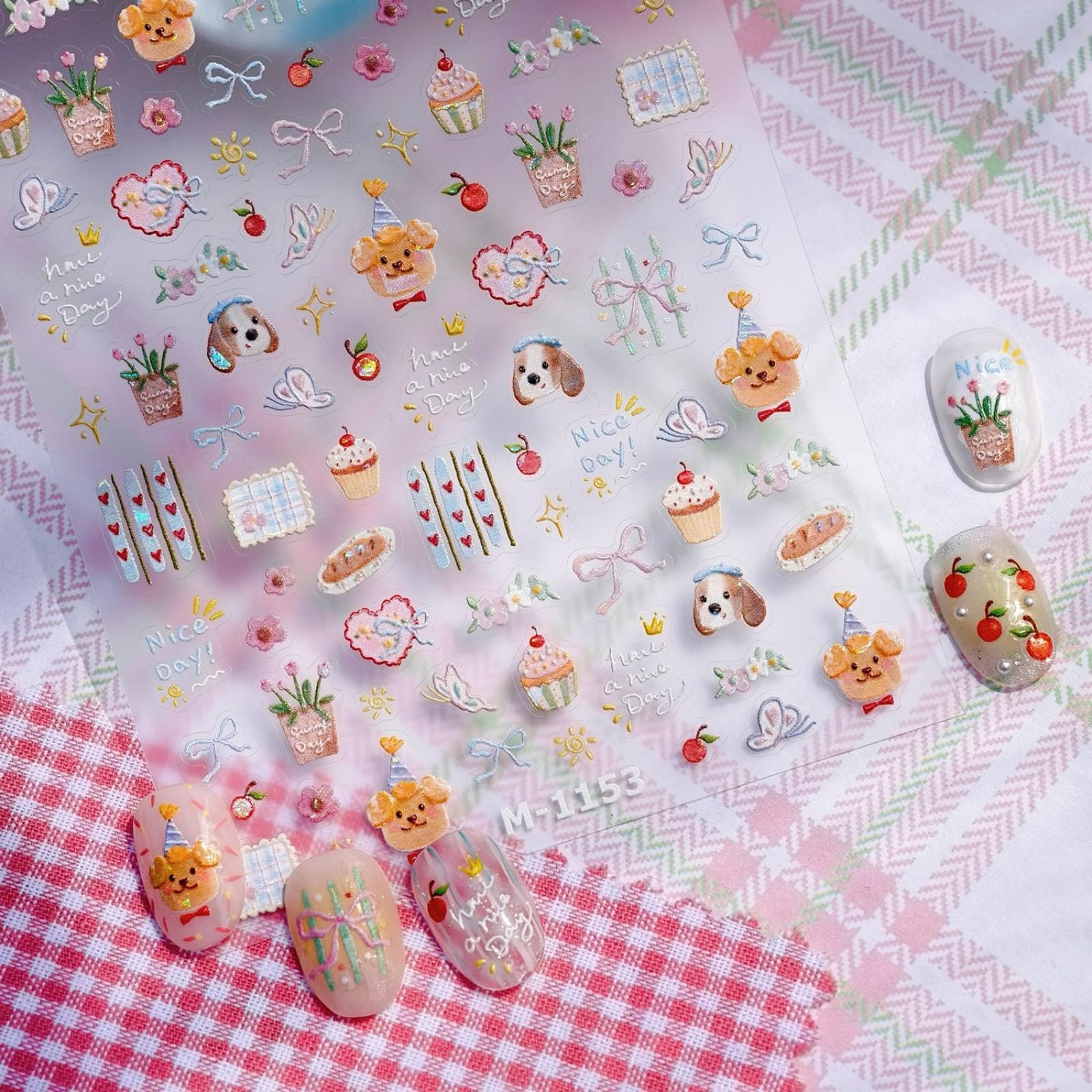 Cute Nail Stickers Dog Bear Nail Art Stickers Cake Nail Decals 5D Embossed