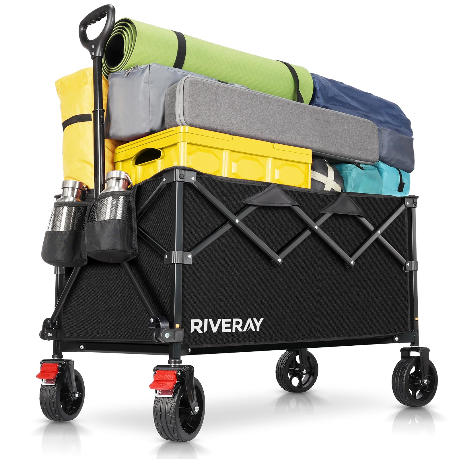 Bollerwagen Faltbar 300L 230KG, Faltbarer Bollerwagen mit Bremsen Großen All Terrain Rädern, Verstellbarer Griff Klappbar Abnehmbare Stofftasche Handwagen für Camping Garten Strand Festival