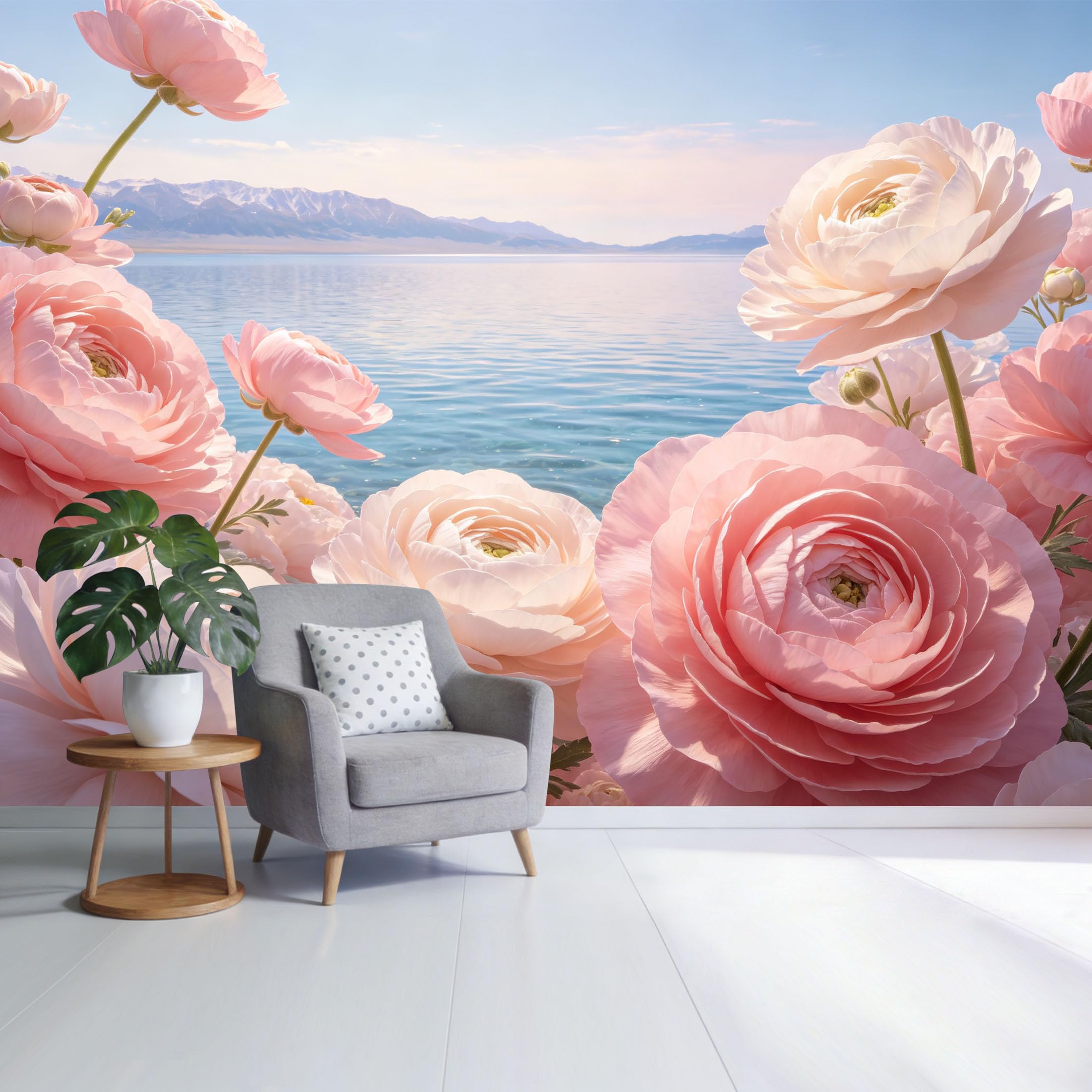 Custom Size Wall Mural Pink Peony Floral Coastal Landscape Lake View Watercolor SelfAdhesive Wall Fabric Removable Wallpaper for Home Office Decor