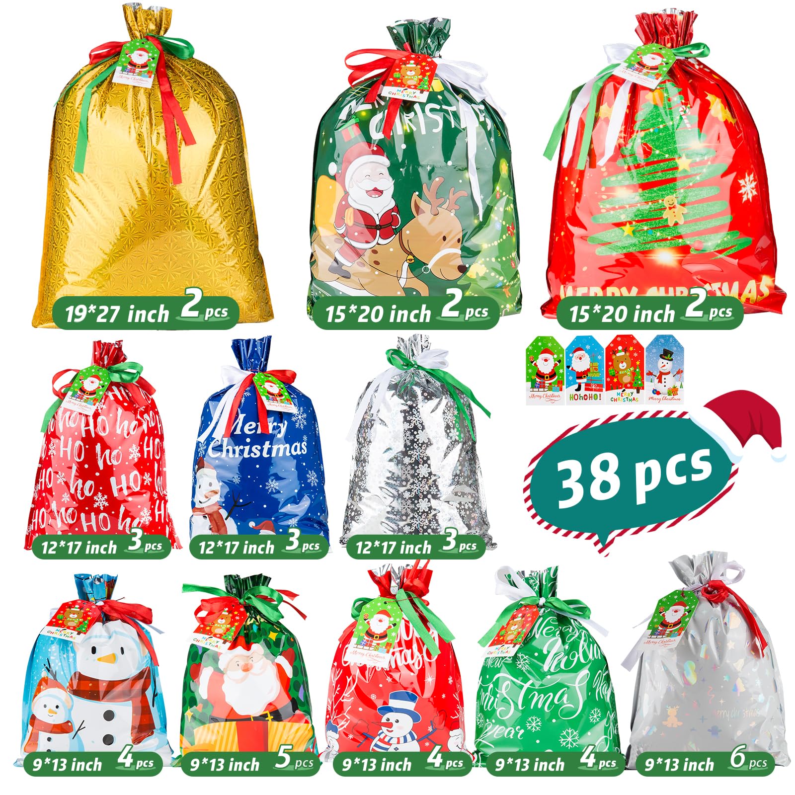 |10 Seconds Wrapping Gift | 38 sacchetti regalo natalizi con coulisse, di dimensioni assortite, S, M, L, Jumbo, sacchetti regalo per le vacanze con coulisse colorata per bomboniere di Natale,