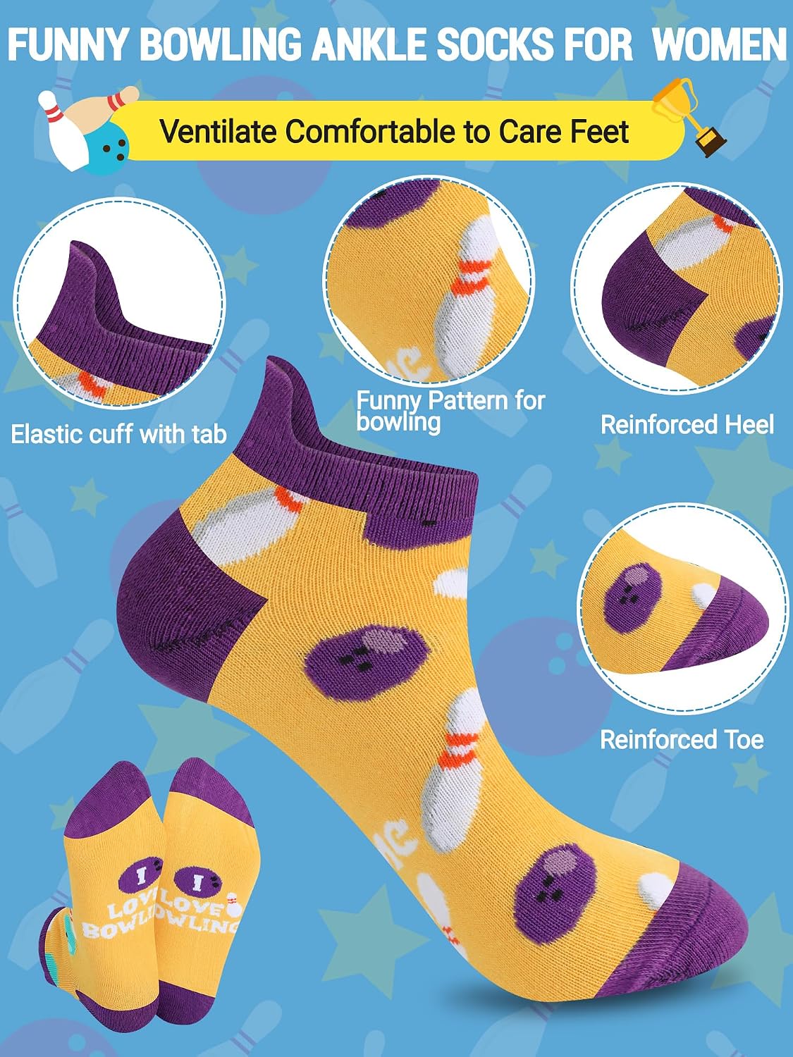 Haysandy 10 Pairs Funny Bowling Socks Novelty Bowling Theme Ankle Socks Bulk Low Cut Father Day Sport Gift for Bowler Lover