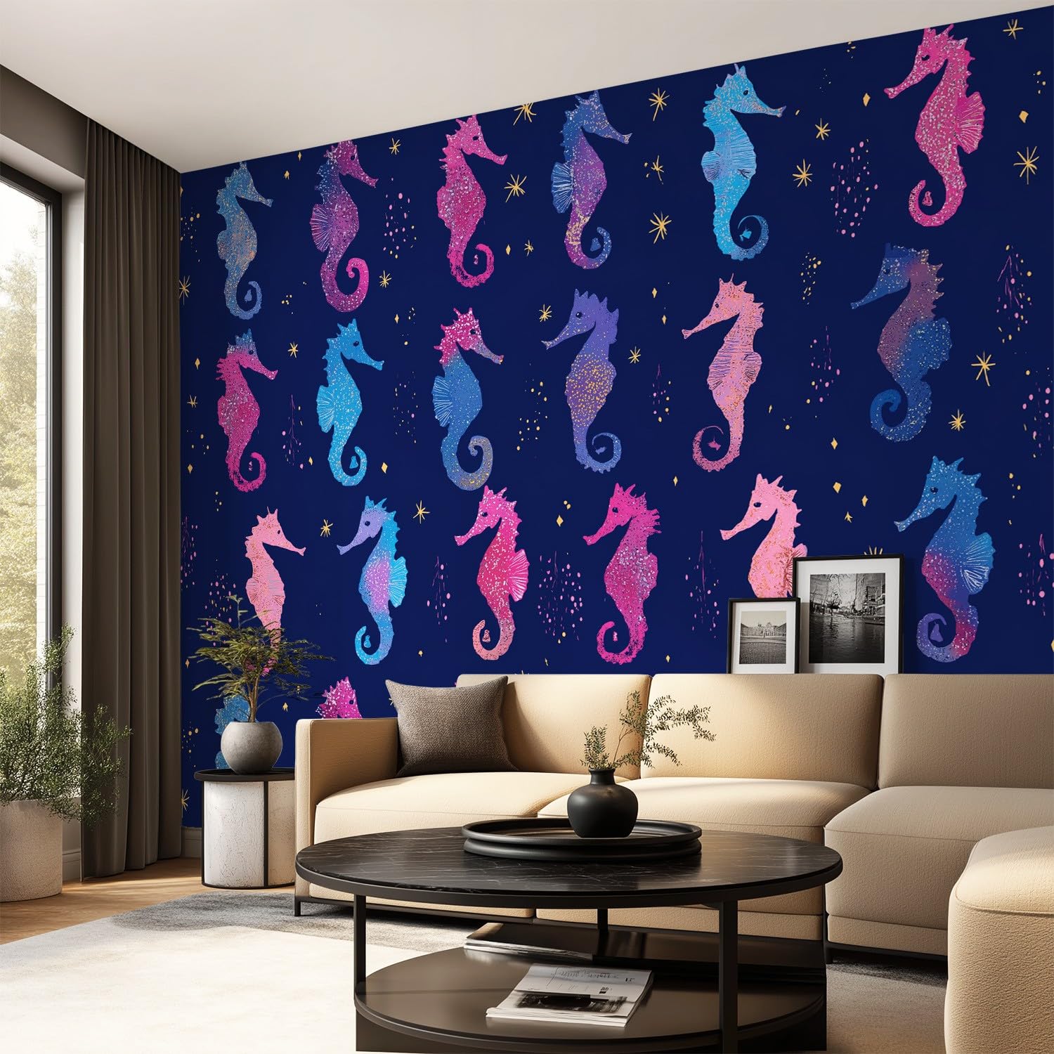 Tapeta 3D, kreskówka, fantazja, tajemnicza tapeta 400 x 280 cm, konik morski, tapeta ze zwierzętami, mural do sypialni, przedszkola, malowniczego ogrodu