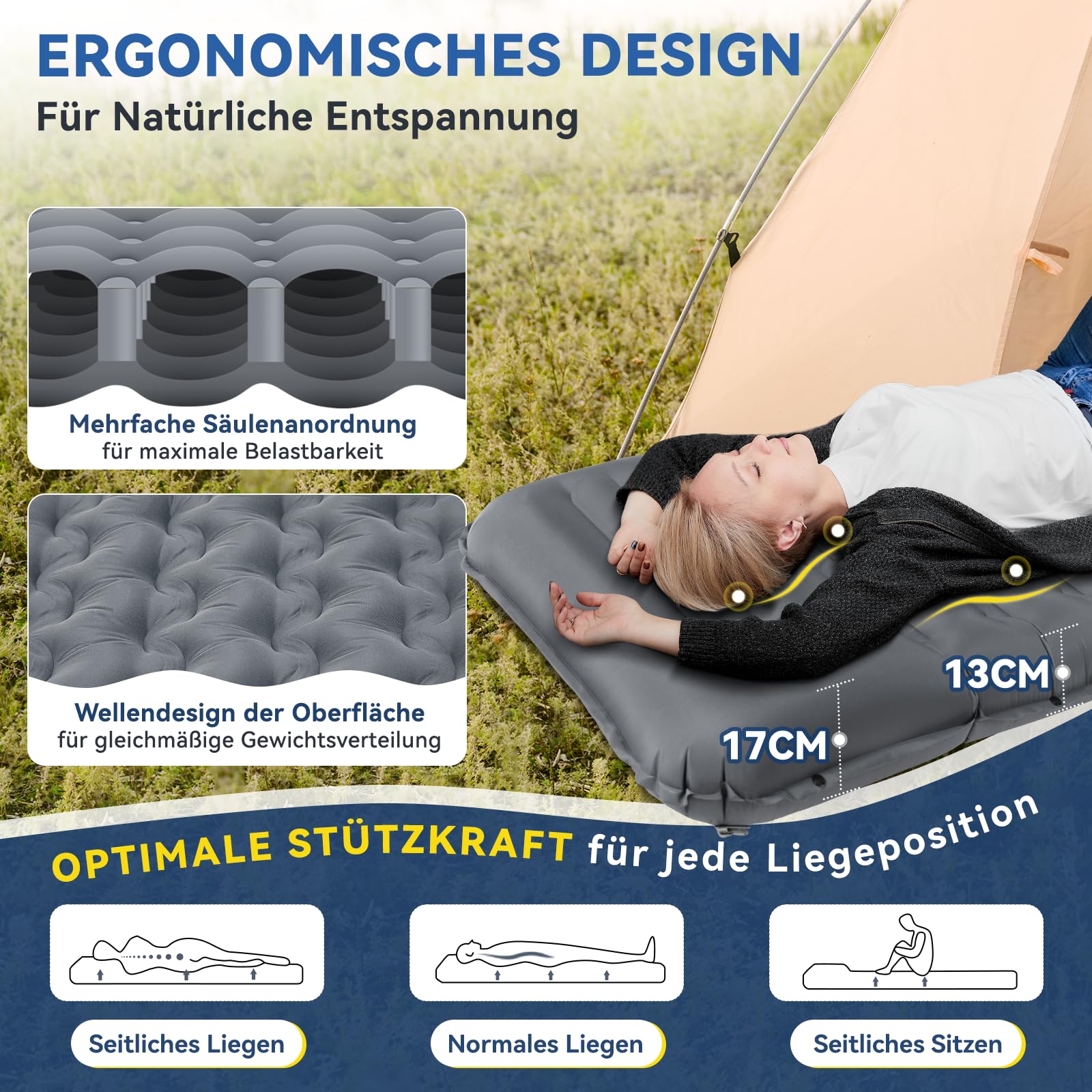 HIKENTURE Samopompująca mata do spania, 13 cm, bardzo gruby, kempingowy materac dmuchany z poduszką, mały rozmiar opakowania, ultralekka konstrukcja i pompka nożna, na zewnątrz, wędrówki, namiot