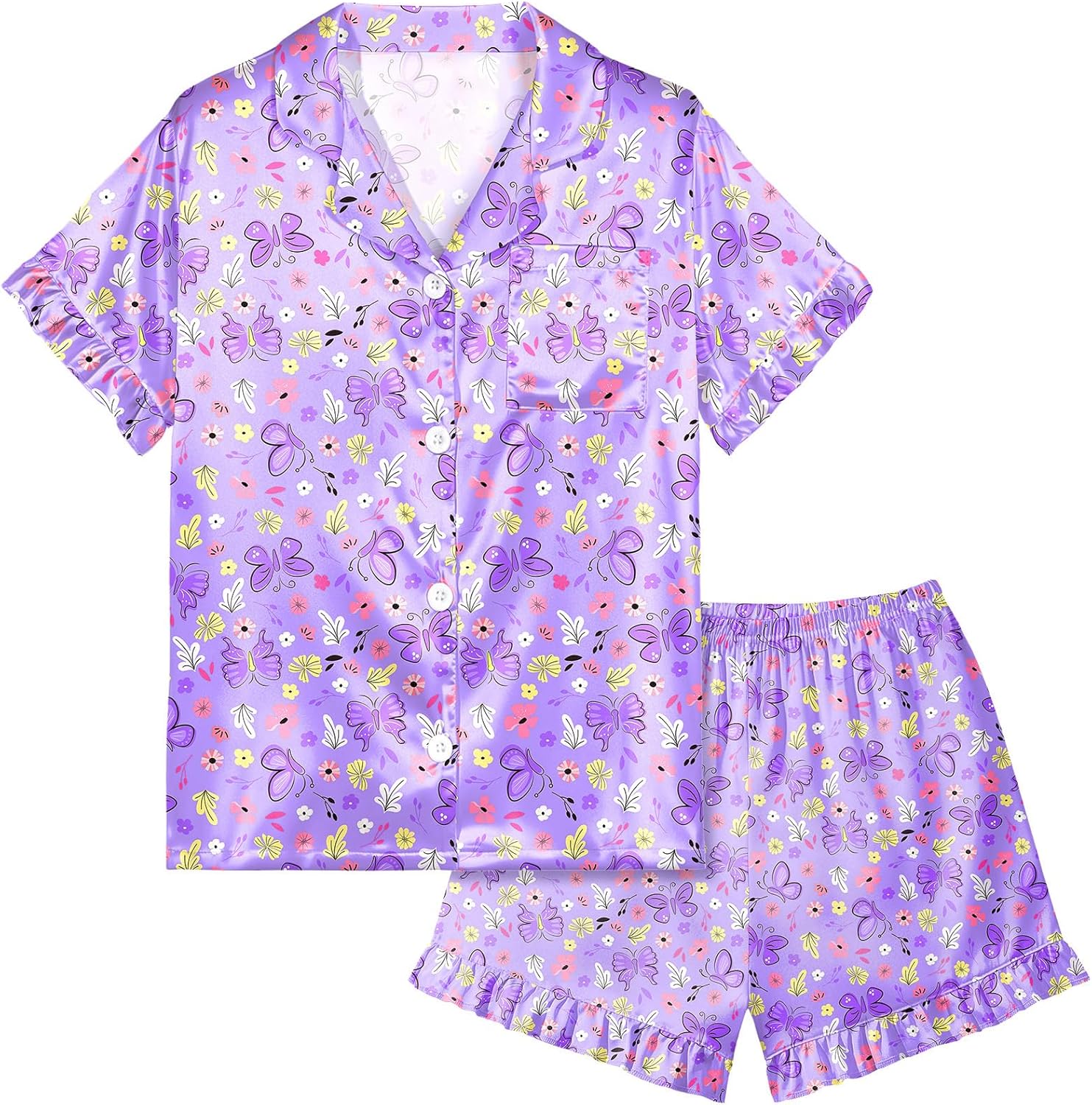 MHJY Toddler Girls Pajama Set Silk Satin Girls Pajamas Short Sleeve Button-Up Top Pajamas for Kids