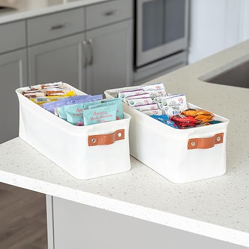 Vista 147 de OrganiHaus - Canastas de almacenamiento estrechas, 15 x 06 pulgadas, pequeñas, para estantes, armarios, baños, organizador de tela con asas, Beige