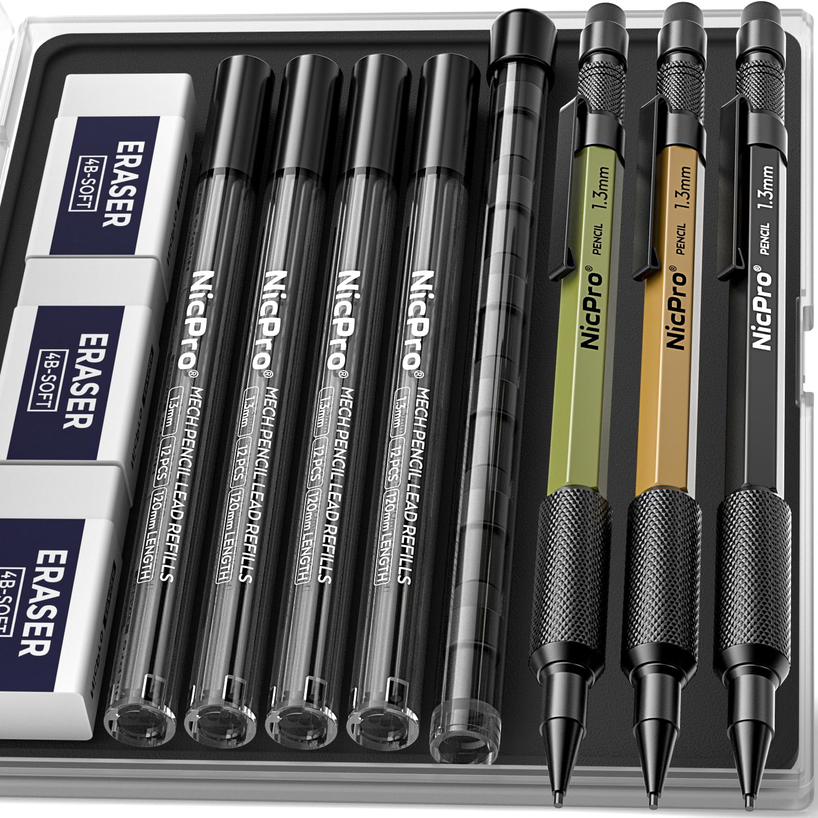 Nicpro 3 PCS 1.3 mm Mechanical Pencil Set 3 Colors with 48 Lead Refill, 3 Eraser - Weatherproof Metal MP2000 Heavy Duty Carpenter Pencil for Outdoor Marking Drafting Drawing Woodworking