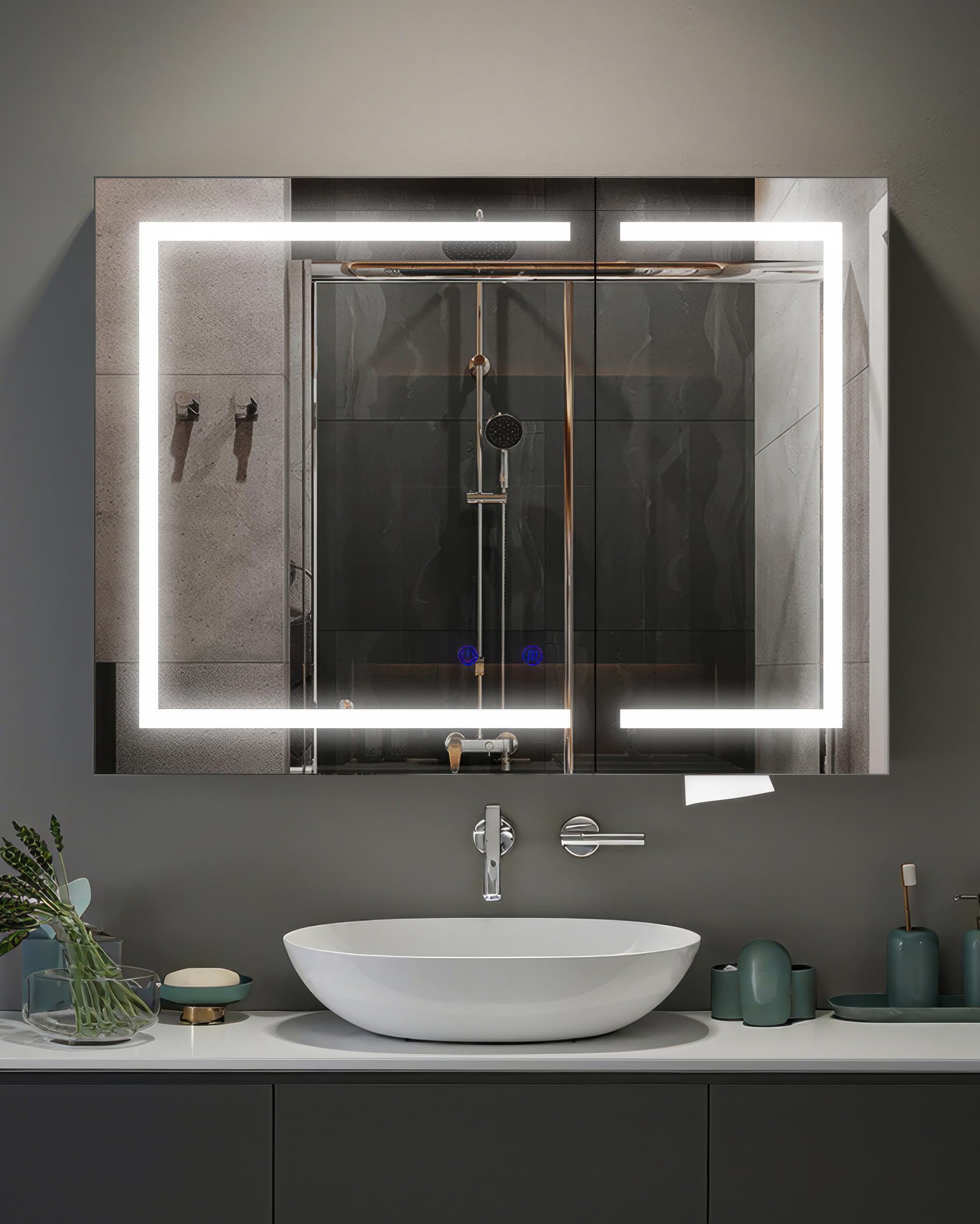 Luxstein 2 Door Bathroom Mirror Cabinet with LED Lights, 60L x 80W cm