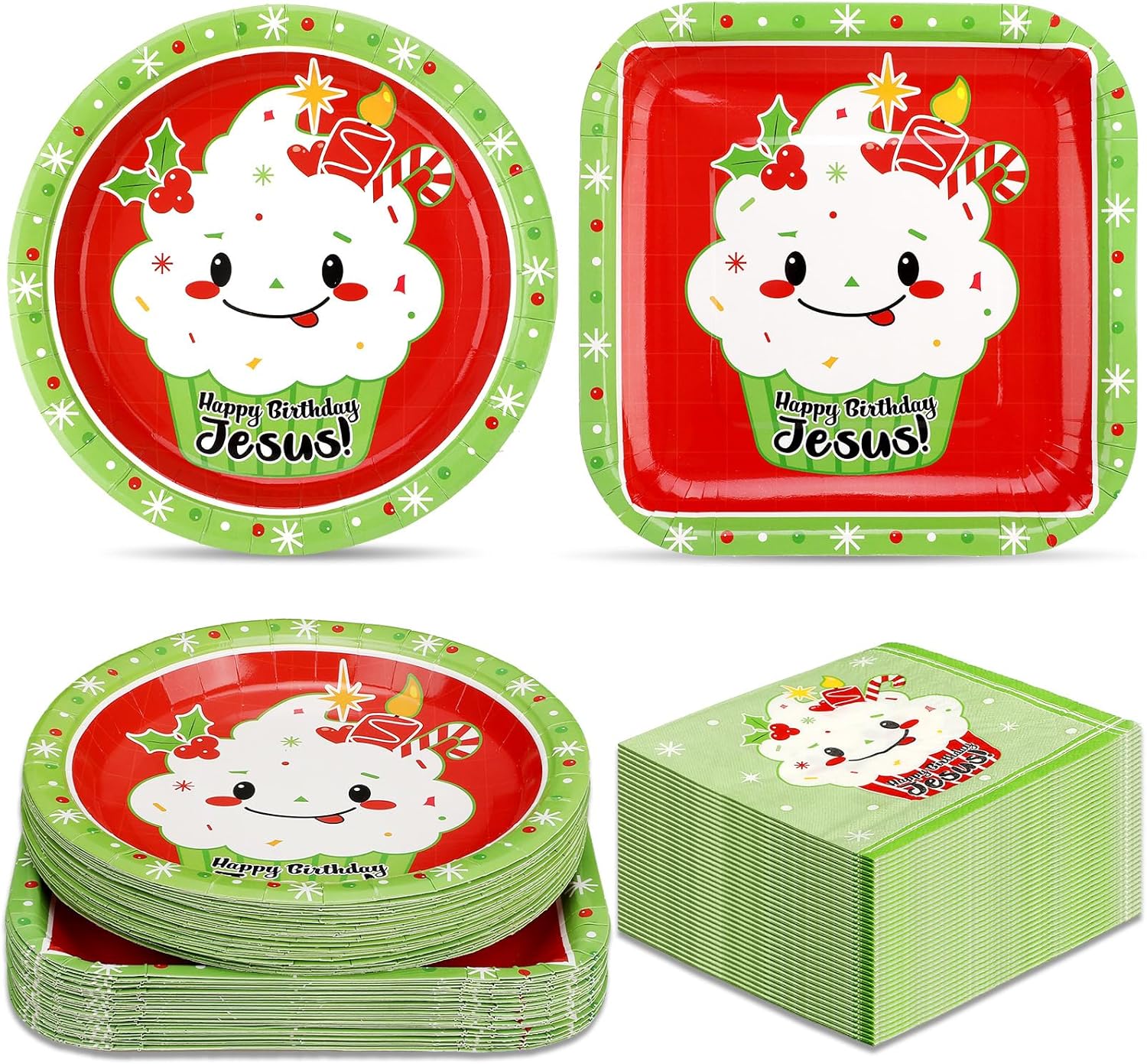 Gerrii 200 Pcs Happy Birthday Jesus Party Dinnerware Set Disposable Dinner Pack 30 Square 30 Round Happy Birthday Jesus Cupcake Paper Plates 140 Cupcake Napkins for Christmas Party Supplies