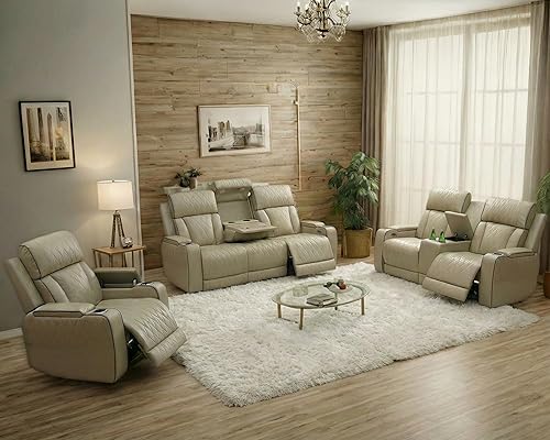 Miniatura 26 de Juego de 3 piezas para sala de estar, sofá reclinable eléctrico de cuero con puertos USB, iluminación LED y portavasos, asientos de cine en casa