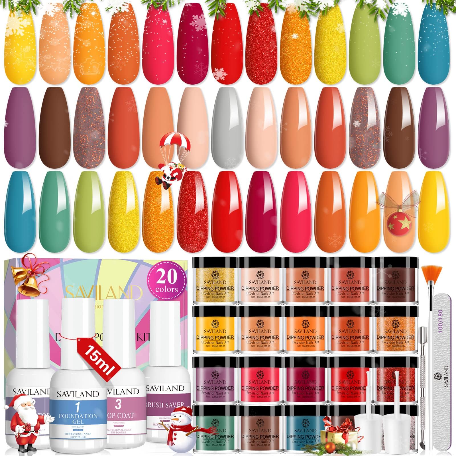 SAVILANDDip Powder Nail Kit Starter, Orange Brown Glitter, 20 Fall Dipping Powder Colors Set with Base Top Coat Activator French Halloween Nail Art Liquid Manicure DIY Salon Home Gifts for Women