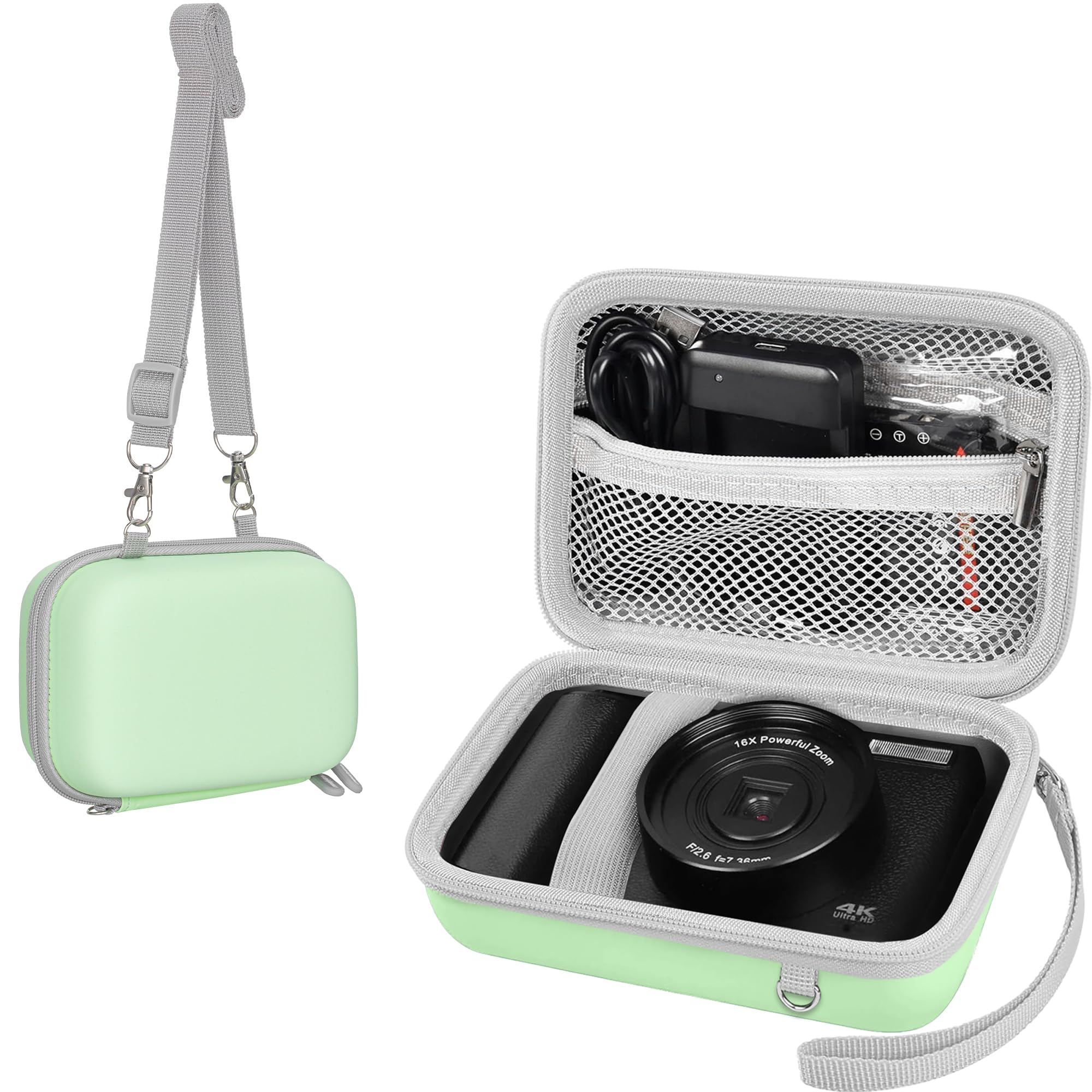 Leayjeen Digital Camera Case Compatible with 4K HD Digital Cameras 64MP, 16x Zoom Camera Portable Hard Case Includes Shoulder Strap and Mesh Storage Pocket(Green)(Case Only)