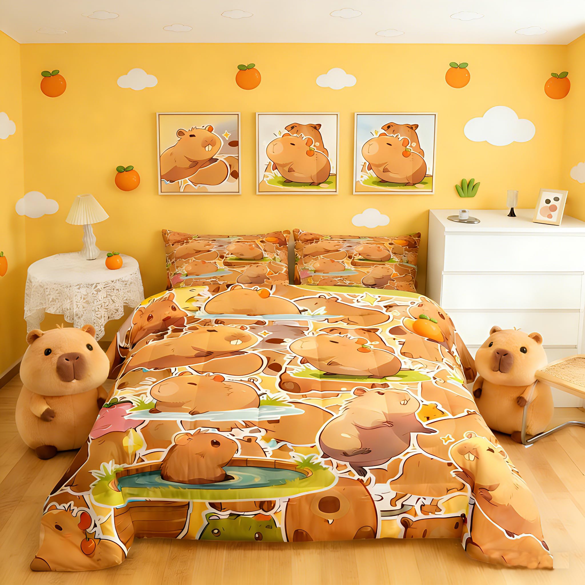 jejeloiu Capybara Comforter Set Twin Size Kids Gifts for Capybara Lovers Comforter for Boys Teens Animals Lovers Bedding Set Orange Pattern Brown