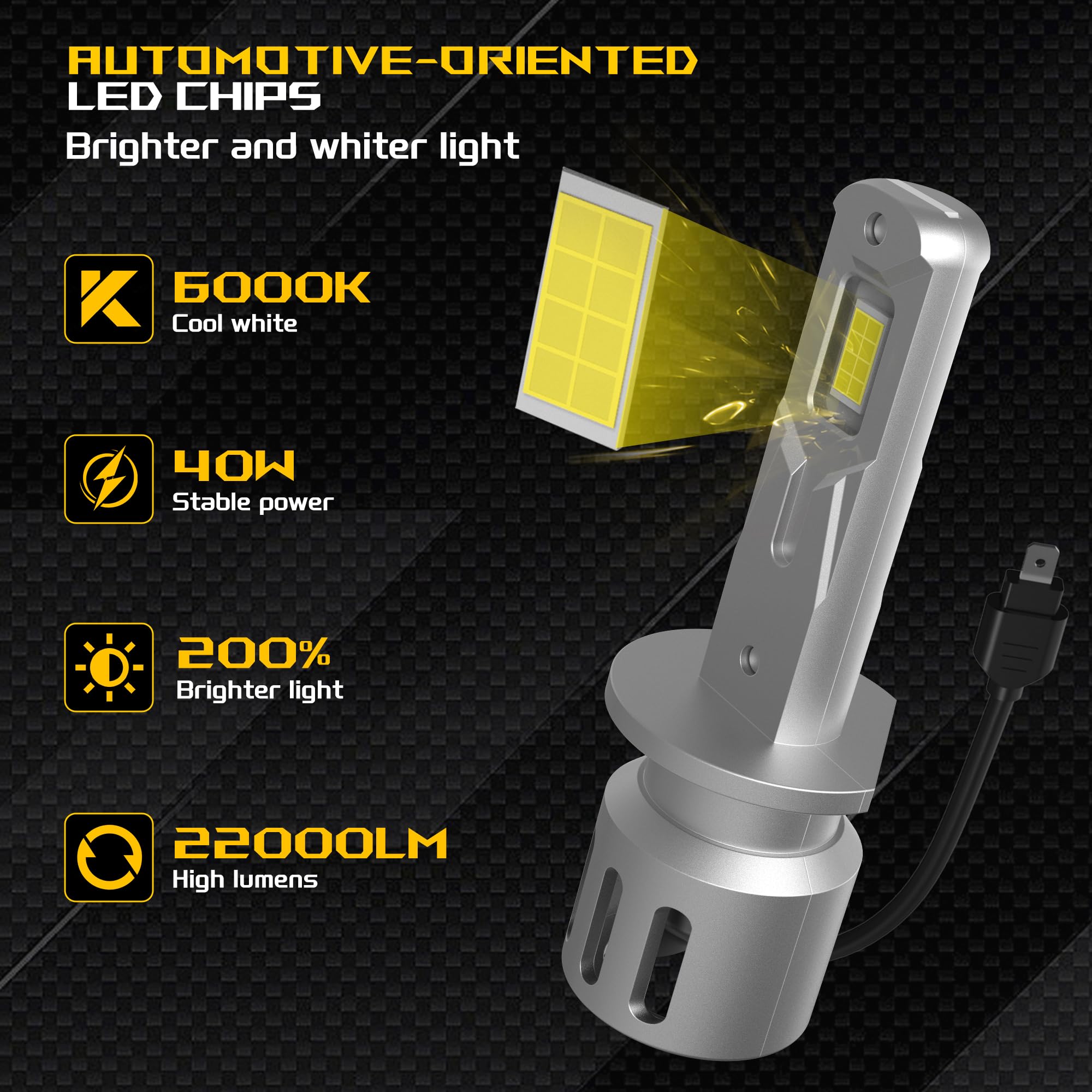ampoules h1 led 22000lm, lampe de phare 12v pour voiture et moto, taille des halogènes 1:1, montage direct pour les feux de route ou croisement, 6000k blanc