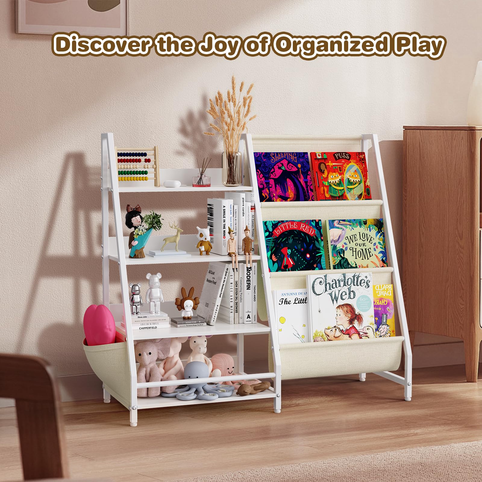 Huimpet Kids Bookshelf and Toy Organizer, 4 Tier Bookshelf for Kids, Montessori Baby Toddler Toy Storage Bookcase Book Shelf for Kids Rooms, Bedroom, Playroom, Nursery