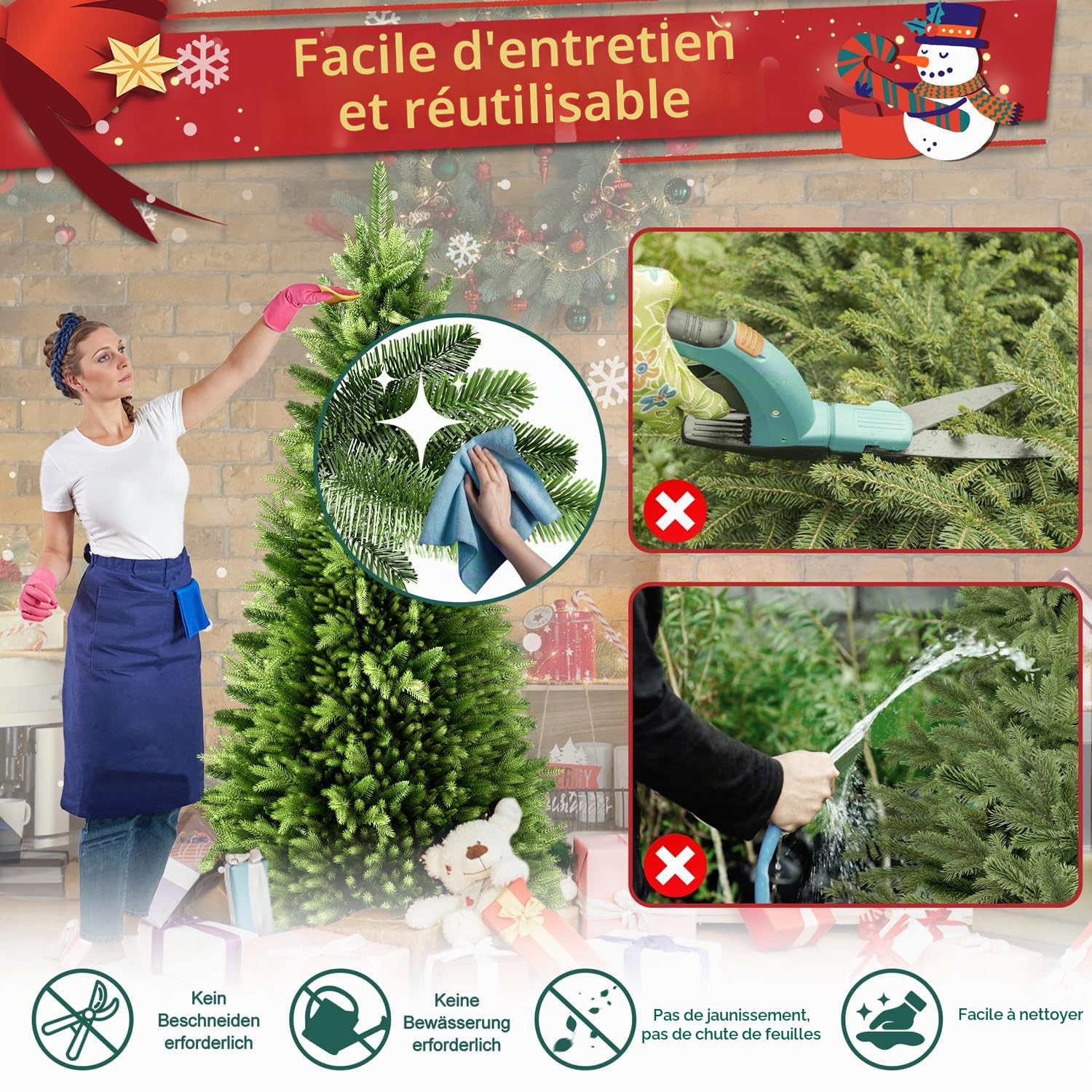 LZQ Sapin de Noël artificiel avec support en bois - Avec éclairage - Avec branches et lumière LED chaude - Pour décoration de Noël - Intérieur et extérieur - 150 cm