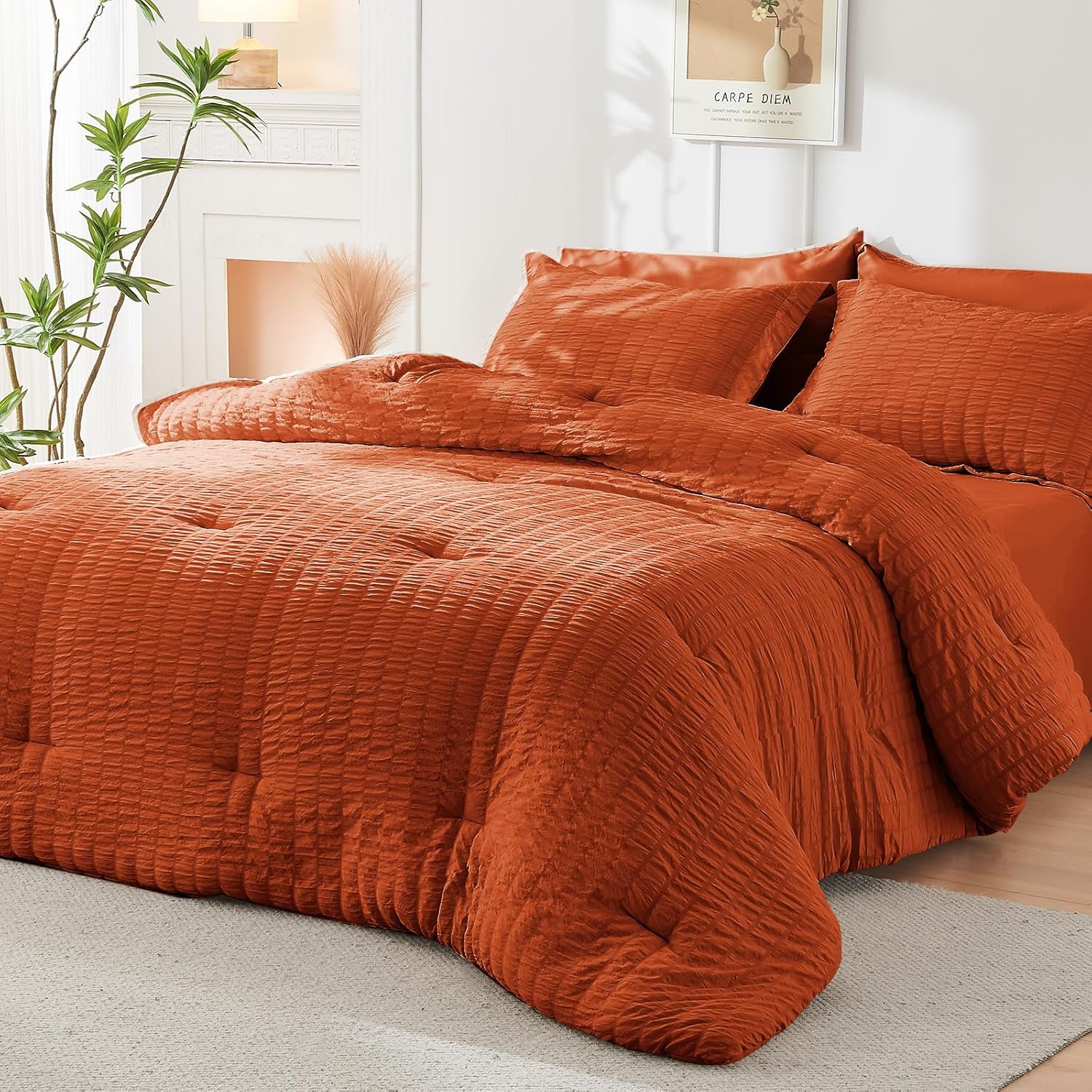 HYMOKEGE Burnt Orange Queen Comforter Set Seersucker 7 Pieces, All Season Luxury Bed in a Bag for Bedroom, Bedding Set with Comforters, Sheets, Pillowcases & Shams - Image 7