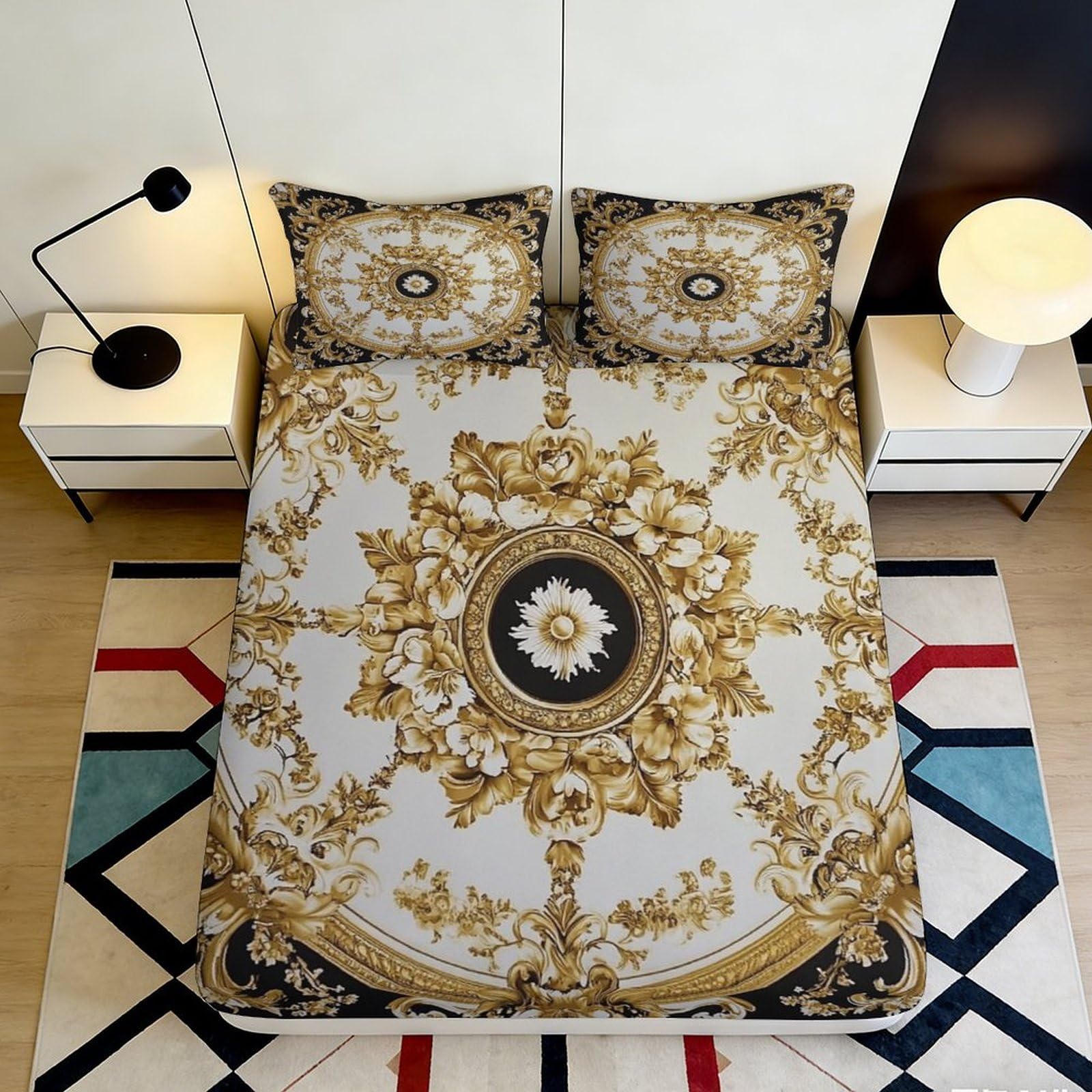 3D Printed Baroque Gold Fitted Sheet Microfiber Soft Ornate Pattern Bed Cover for Bedroom Dorm Mattress Protection Decor 90x200x25cm
