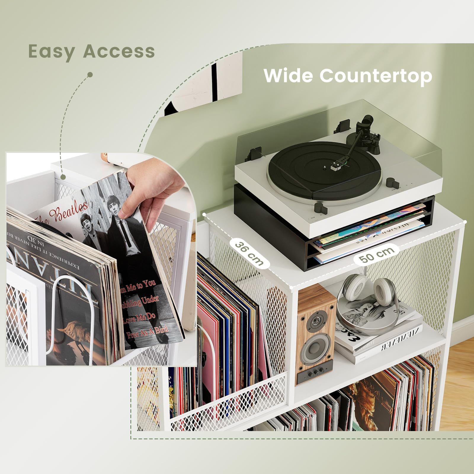 GIANTEX Supporto per giradischi a 3 livelli, espositore a disco in vinile per 300 album, 3 divisori rimovibili, organizer per album, telaio in metallo, libreria per soggiorno, studio, ufficio (bianco)