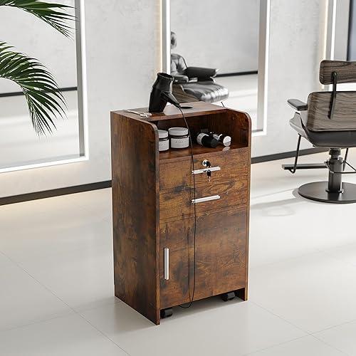 Miniatura 8 de Estación de salón rodante negra mejorada, gabinete de belleza, carrito de almacenamiento con bloqueo de spa con 2 cajones y 2 soportes para secador