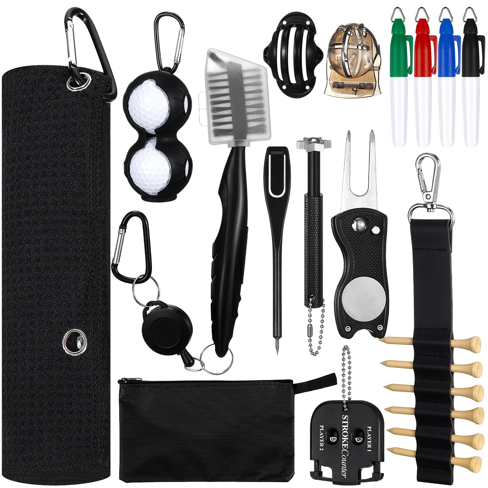 Syhood 21 Pcs Golf Cleaning Kit Accessories Gift for Christmas Golf Brush, Towel, Groove Sharpener, Divot Repair Tool, Ball Alignment Portable Tool for Men or Women