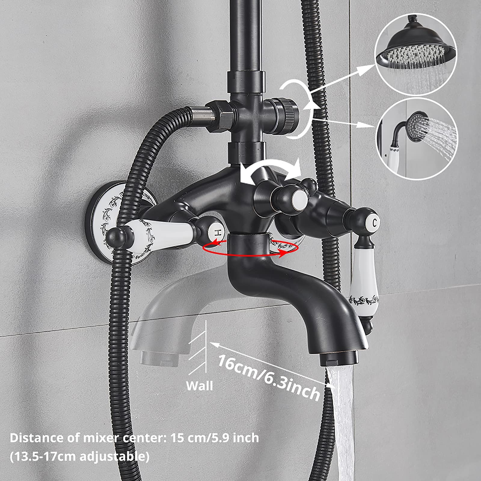 Czarny system prysznicowy z 20 cm deszczownicą głowicą prysznicową z wylewką i ręcznym zestawem kranów, regulowany uchwyt ścienny 3 funkcje do spa, nowoczesne ulepszenie łazienki